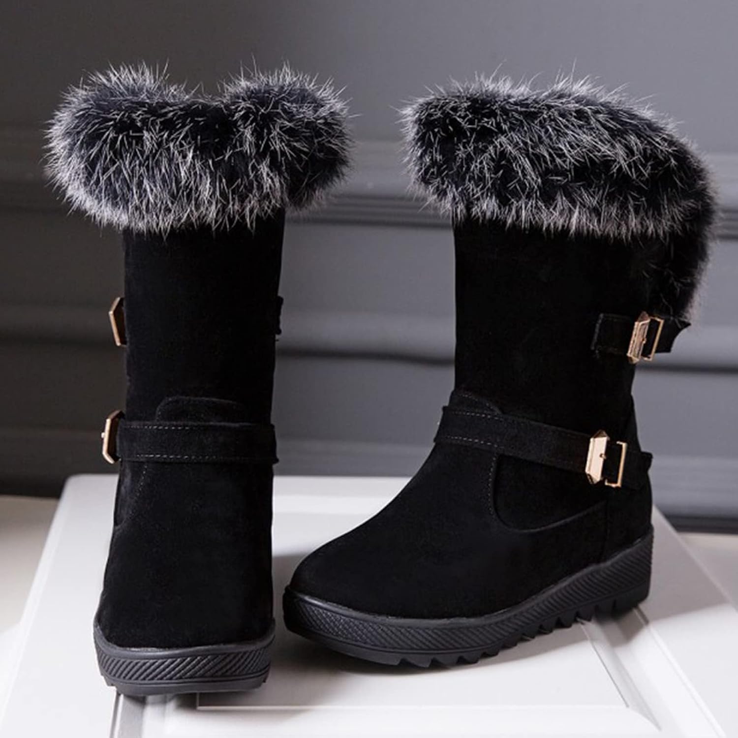 ZBYY Women's Winter Fur Snow Boots Mid Wide Calf Buckle Platform Slip On Warm Snow Boot Mid-Calf Fashion Booties