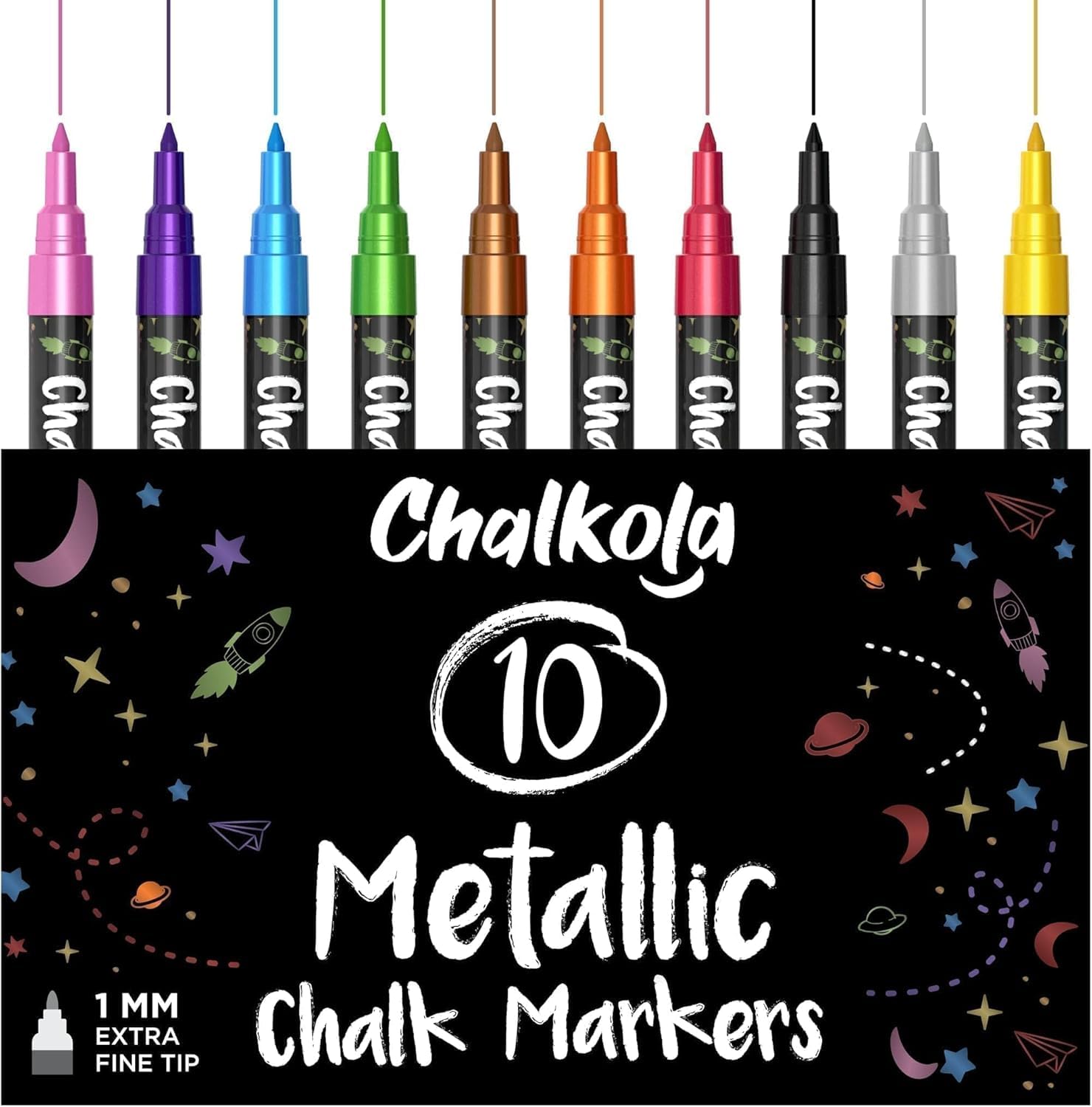 Chalkola Kreidestifte für Tafel Abwaschbar | 10 Metallic Stifte mit 3mm Umkehrbarer Spitze | Kreide Stift für Fenster, Tafel, Whiteboard & als Glasstift. Chalk markers für Erwachsene & Kinder