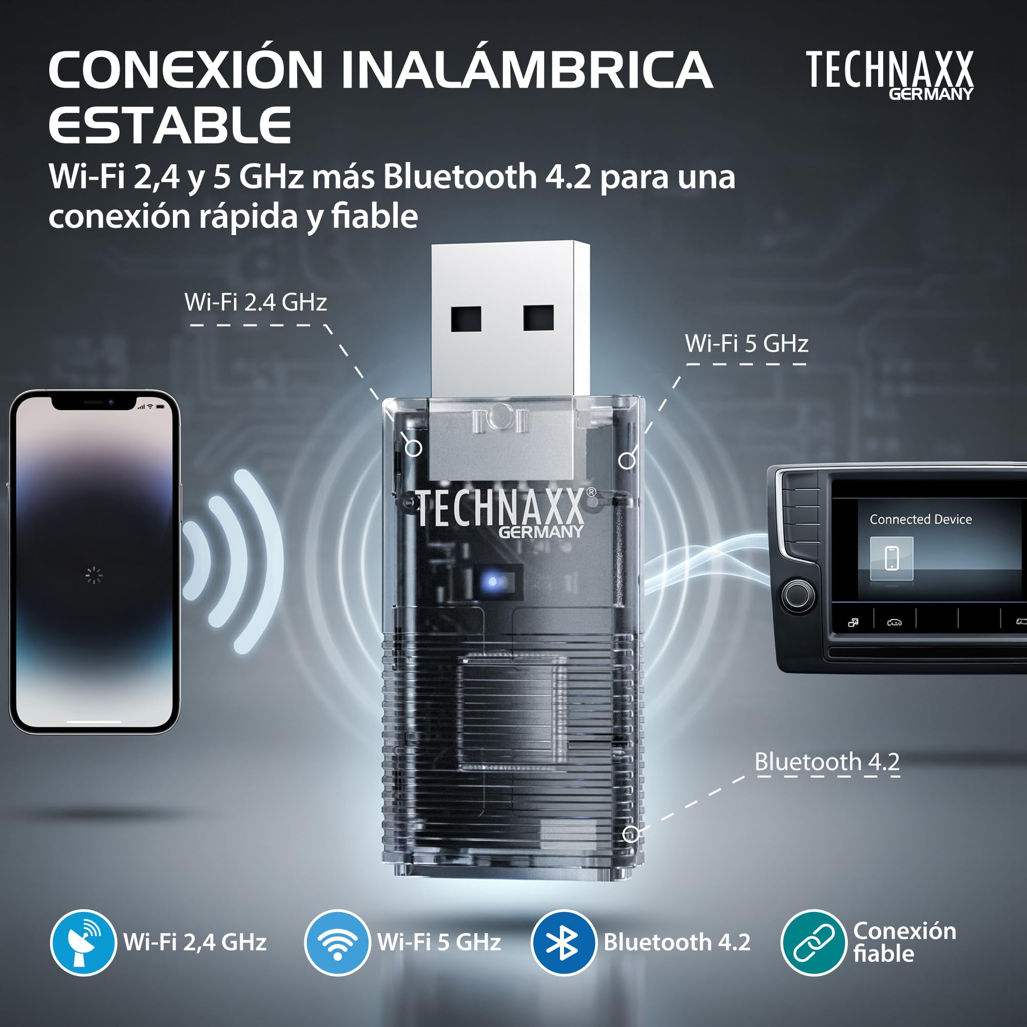 Technaxx Adaptador CarPlay Inalámbrico & Android Auto Inalámbrico – Conversión de Cableado a Inalámbrico, WiFi 2,4/5GHz & Bluetooth 4.2, Plug & Play con Adaptador USB-C y 90° – TX-346