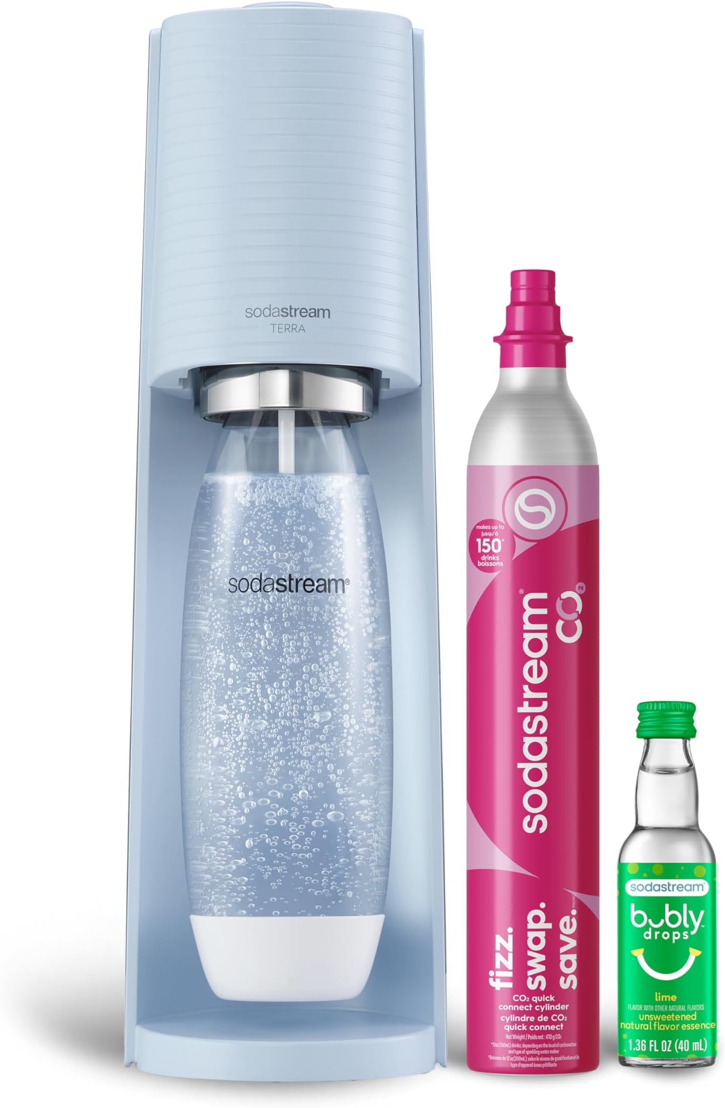 Terra Sparkling Water Maker (Misty Blue) with CO2, DWS Bottle and Bubly Drop