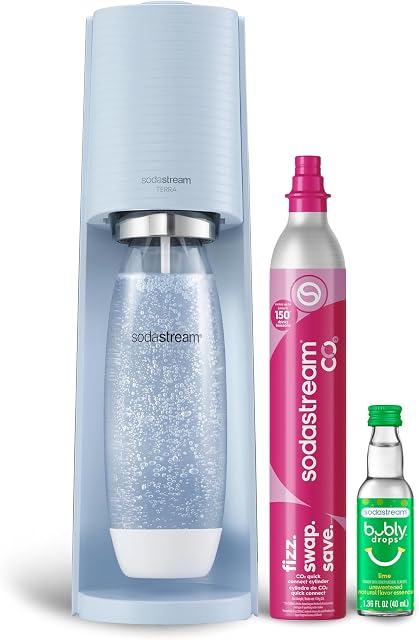 SodaStream Misty Blue Sparkling Water Maker with CO2 DWS Bottle and Bubly Drop