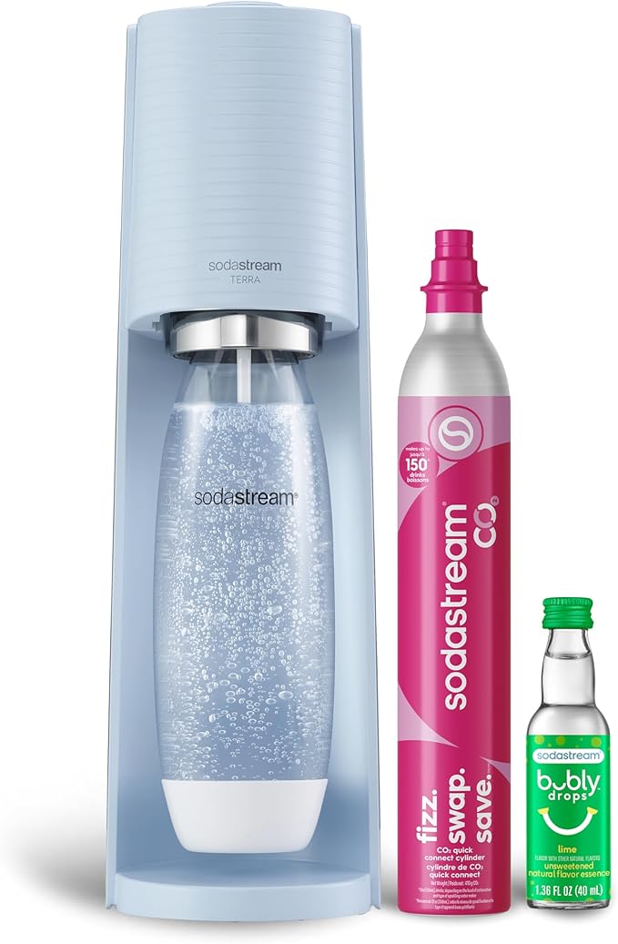 SodaStream Terra Sparkling Water Maker (Misty Blue) with CO2, DWS Bottle and Bubly Drop