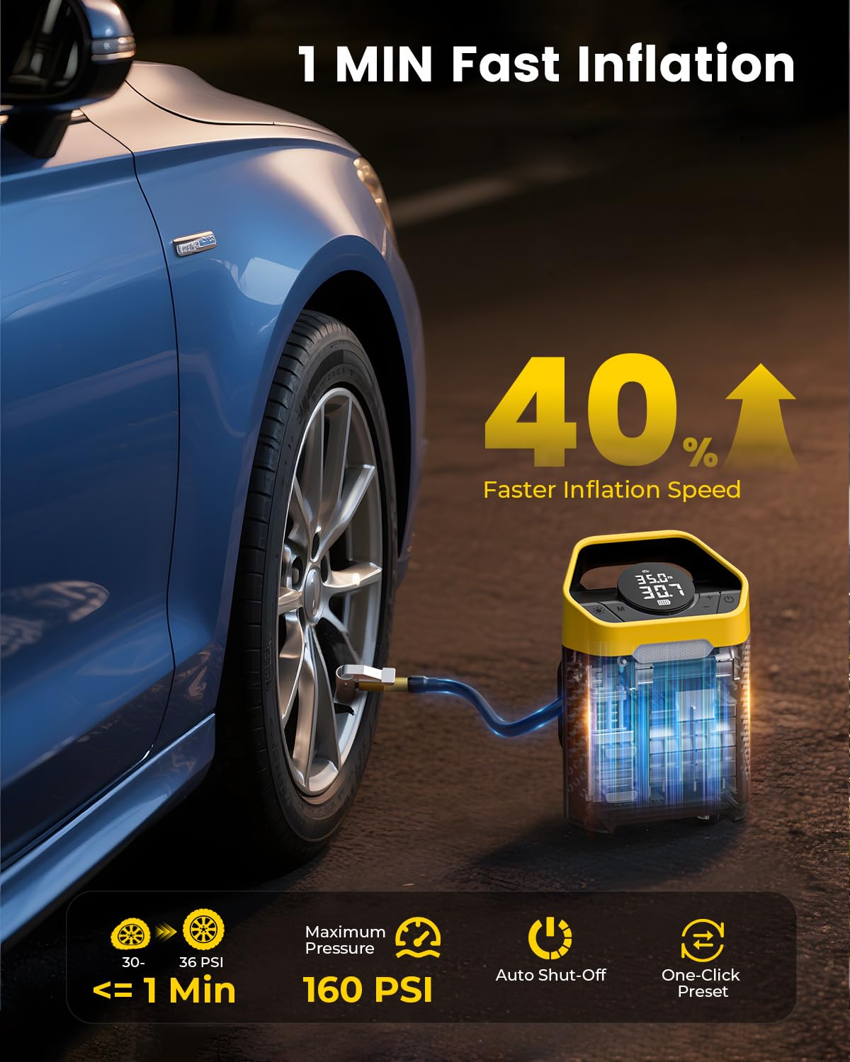 Compressore d'aria portatile, gonfiaggio rapido di 1 minuto, senza fili, pompa ad aria portatile per pneumatici auto con manometro digitale, pompa ad aria elettrica da 160 psi, con luce a LED, per