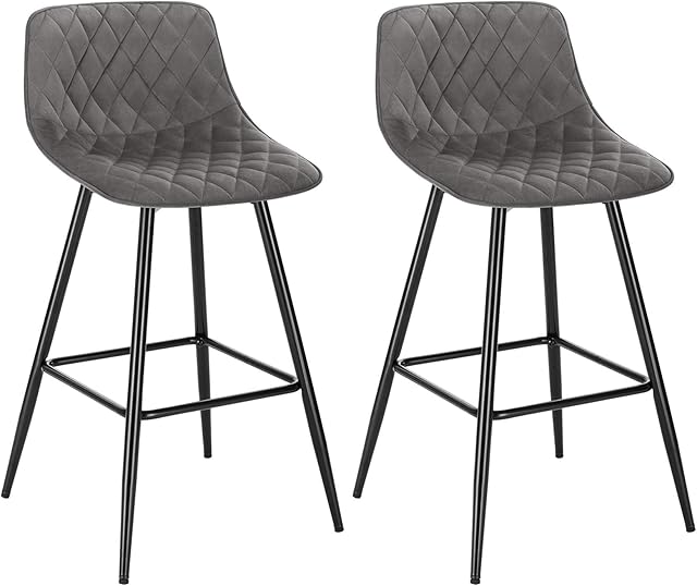 WOLTU Bar Stools Set of 2 PCS Soft Velvet Seat Breakfast Bar Counter Kitchen Chairs Metal Legs Barstools Dark Grey High Stools with Backrests & Footrests for Home & Commercial Use
