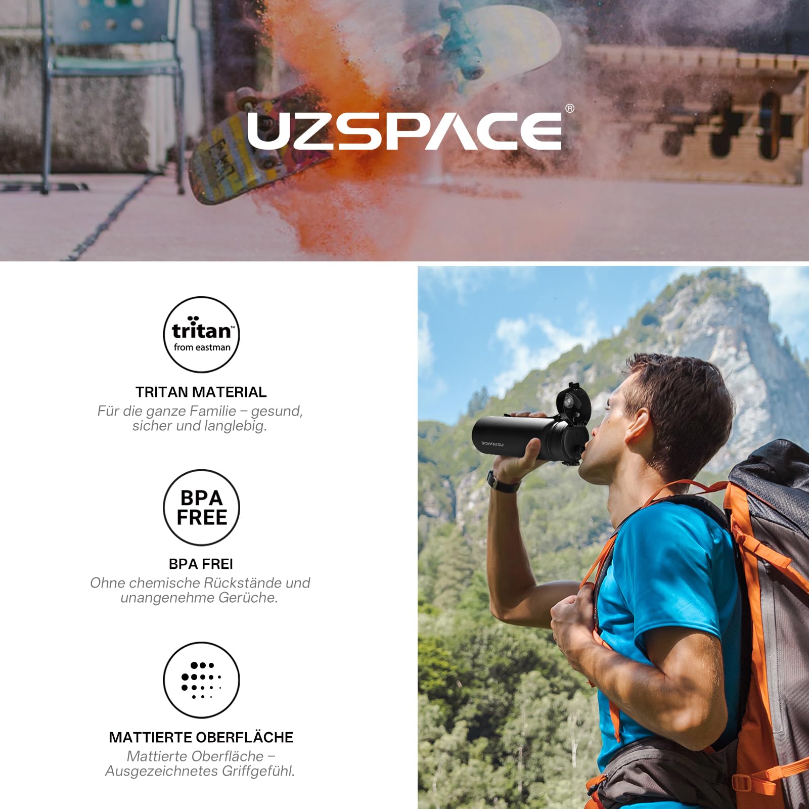 UZSPACE Botella Agua Deportiva,500ml/800ml/1000ml/1.5l, Tritan Botella Agua Sin BPA. Evitar Fugas de Agua y Ideal para el Ejercicio y los Deportes al Aire Libre — view 5