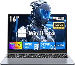 Laptop, laptop para jogos, Windows 11 Pro 2025, 16 polegadas, 16 GB de RAM, SSD de 512 GB, processador N150 (até 3,6 GHz), teclado retroiluminado, FHD 1920 x 1200, estudantes, negócios