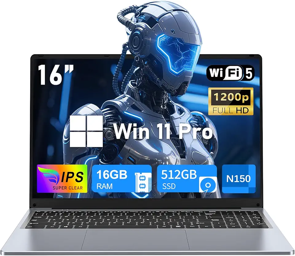 Laptop, laptop para jogos, Windows 11 Pro 2025, 16 polegadas, 16 GB de RAM, SSD de 512 GB, processador N150 (até 3,6 GHz), teclado retroiluminado, FHD 1920 x 1200, estudantes, negócios