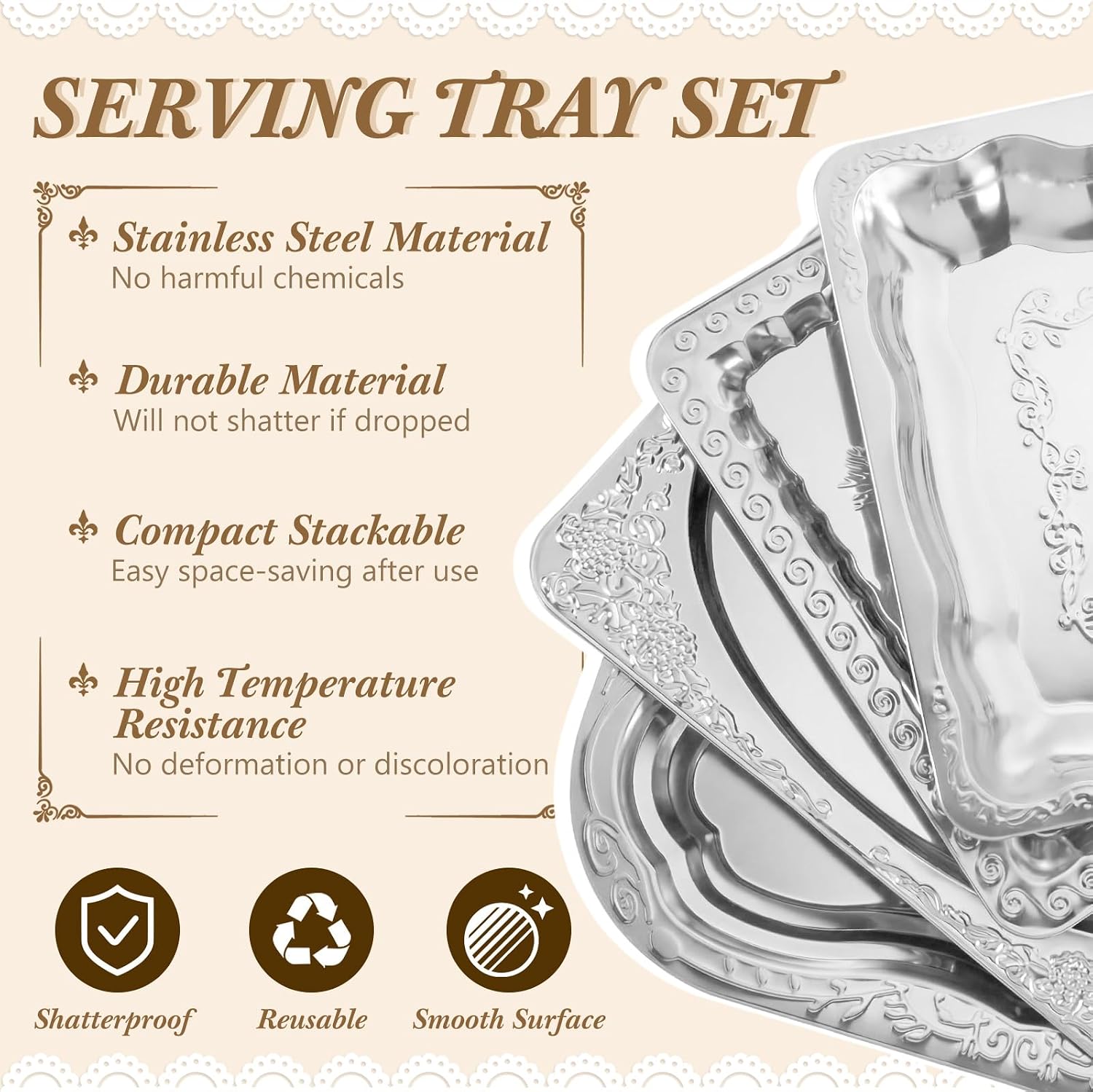 Rtteri 4 Pack Silver Serving Trays Set Stainless Steel Floral Engraved Mirror Decorative Tray Vintage Metal Party Platters for Charcuterie Desserts Snacks Fruits Jewelry Wedding Party Home Display