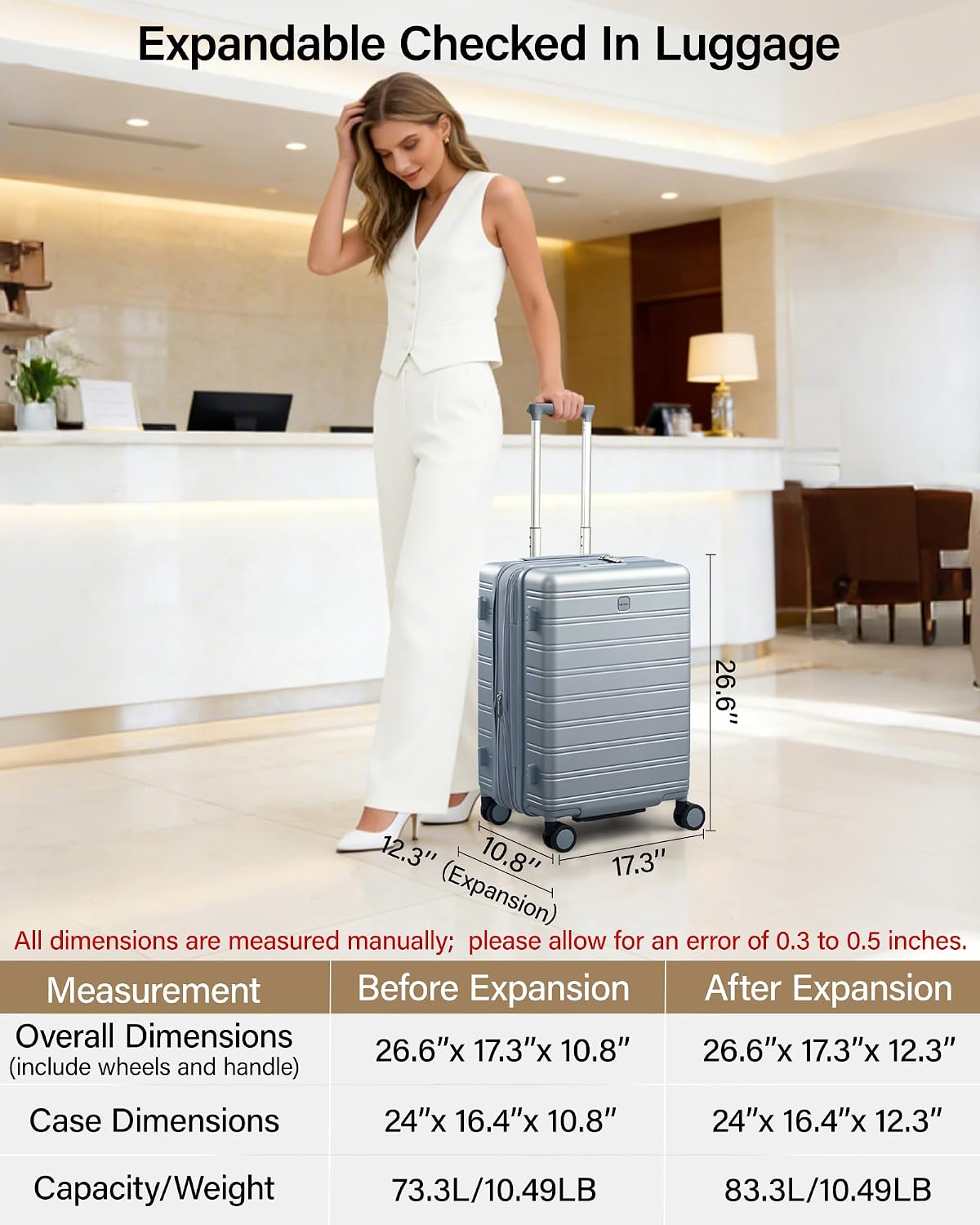 MILADA 24 Inch Expandable Hardside Checked Luggage with Dual 360° Spinner Wheels, Medium Travel Suitcase with TSA Lock, Airline-Approved, Lightweight Durable PC Shell for Travel, Arctic Silver