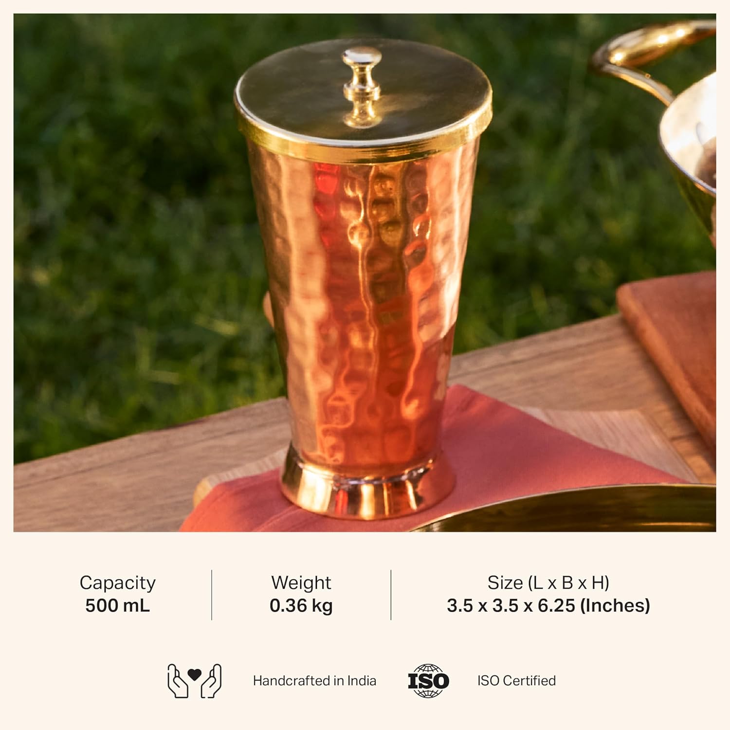 P-TAL Copper Mint Julep Cup With Lid, Water Tumbler, Drinkware, made of Pure Copper, Ayurvedic Health Benefits, Break Resistant - 600 mL (20 oz) (Rose Gold)