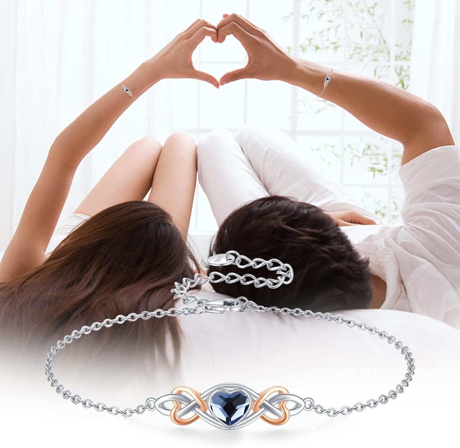 Blue Heart Crystal Bracelet Sterling Silver Rainbow Moonstone/Celtic Knot/Claddagh Love Bracelets Adjustable Crystal Celtic small Bracelet Ankle Jewelry Gifts for Mom Mother's Day7+2”