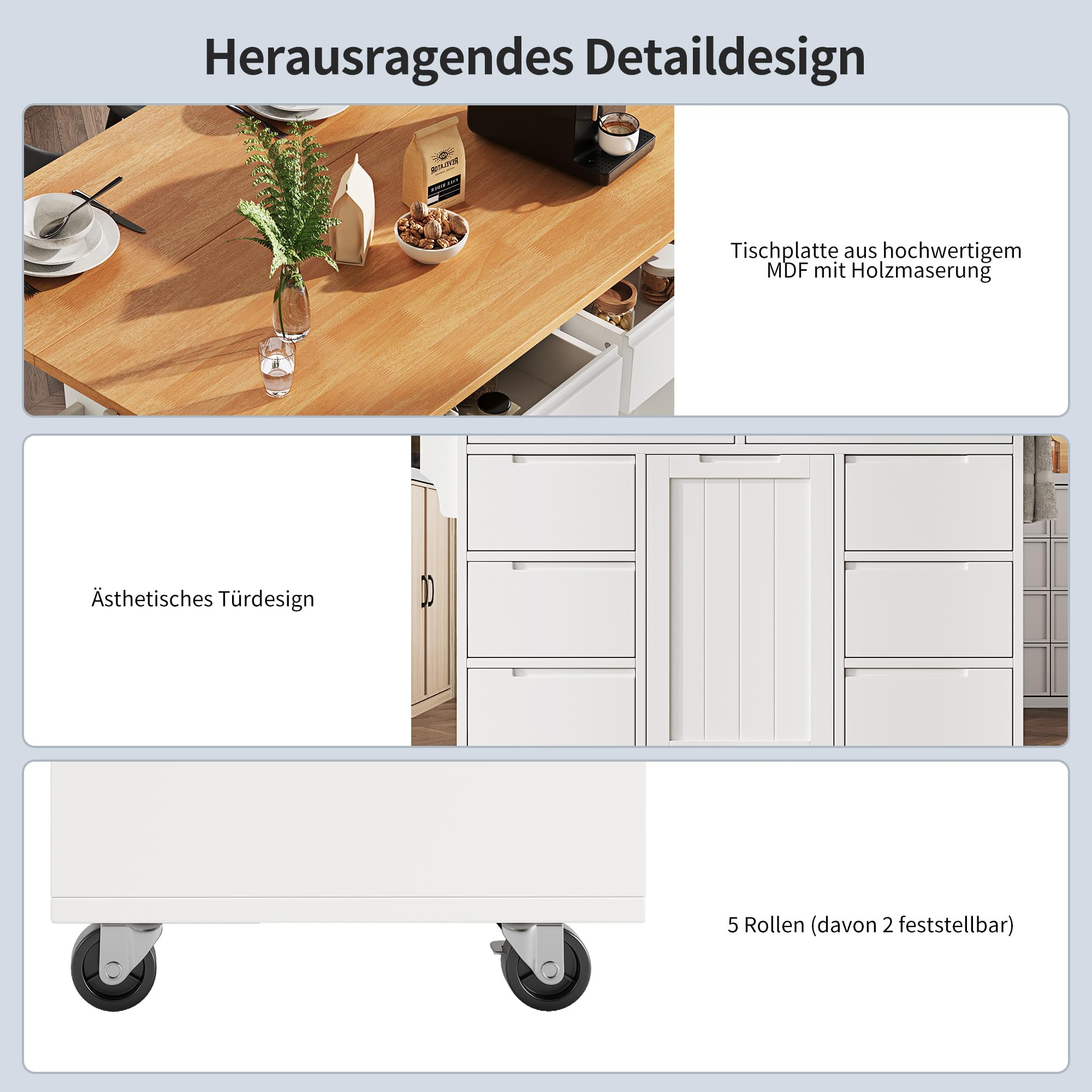Kücheninsel, Küchenschrank, Ausziehbarer Küchenwagen mit Rollen und Arbeitsplatte, Servierwagen mit Gewürzregal und 8 Schubladen, Weiß