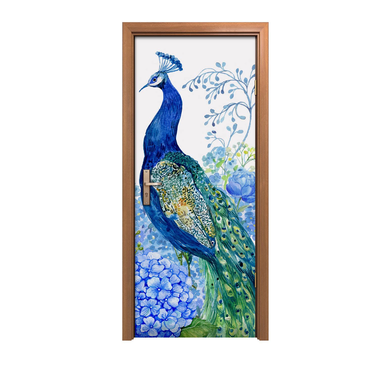 Autocollant de porte 90x200cm Fleurs oiseau paon pour une décoration murale adhésive unique