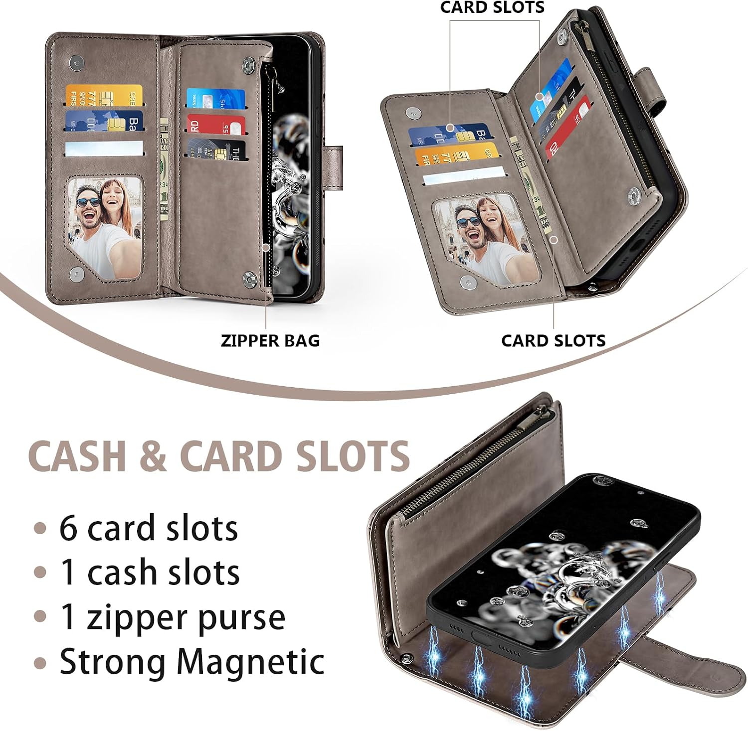 Asuwish Phone Case for Samsung Galaxy S20 Ultra 5G Zipper Wallet Magnetic Cell Cover with Tempered Glass Screen Protector Strap Flower Card Holder S20ultra 20S S 20 A20 S2O 20ultra G5 Women Girls Gray
