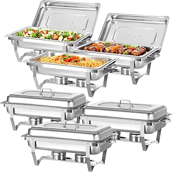Chafing Dishes for Buffet 6 Pack, 8 Quart Stainless Steel Chafing Dish Buffet Set with Folding Frame, Food Warmers for Parties, Catering Supplies, Banquets, and Weddings