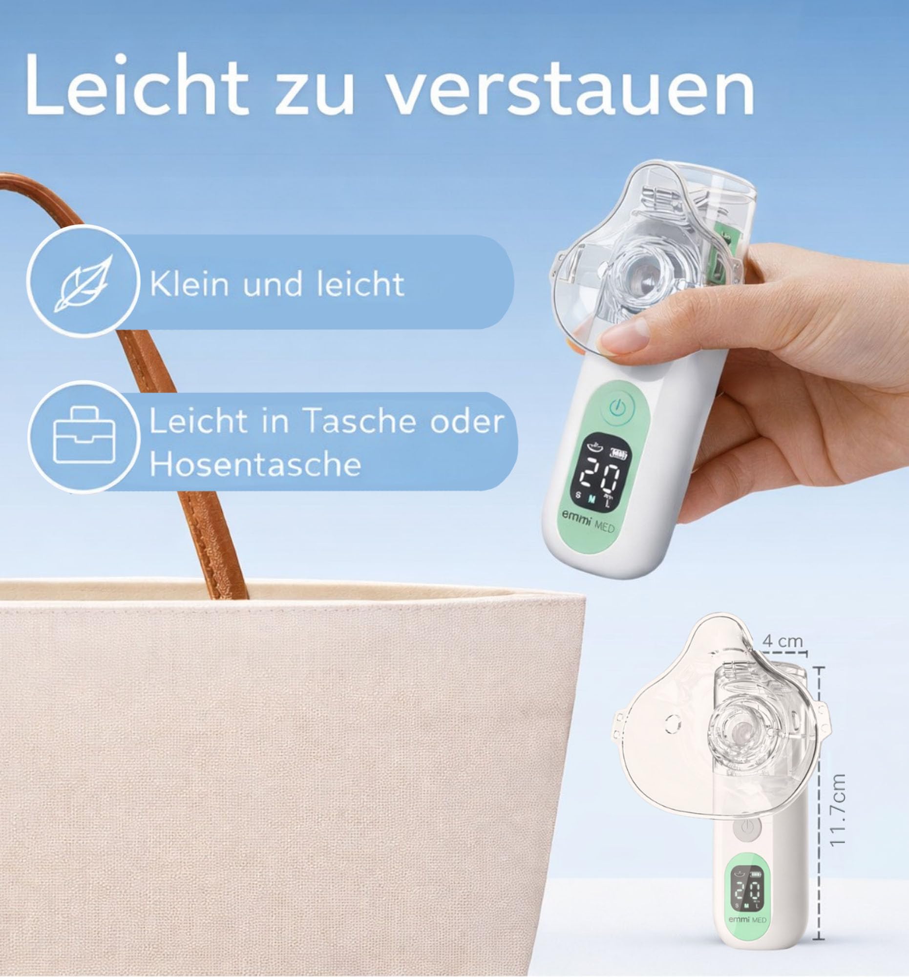 emmi MED - Inhalador para niños y adultos, pantalla LED, incluye 2 máscaras y 1 boquilla, función de limpieza automática, nebulizador, inhalador personalizable e ideal para viajes
