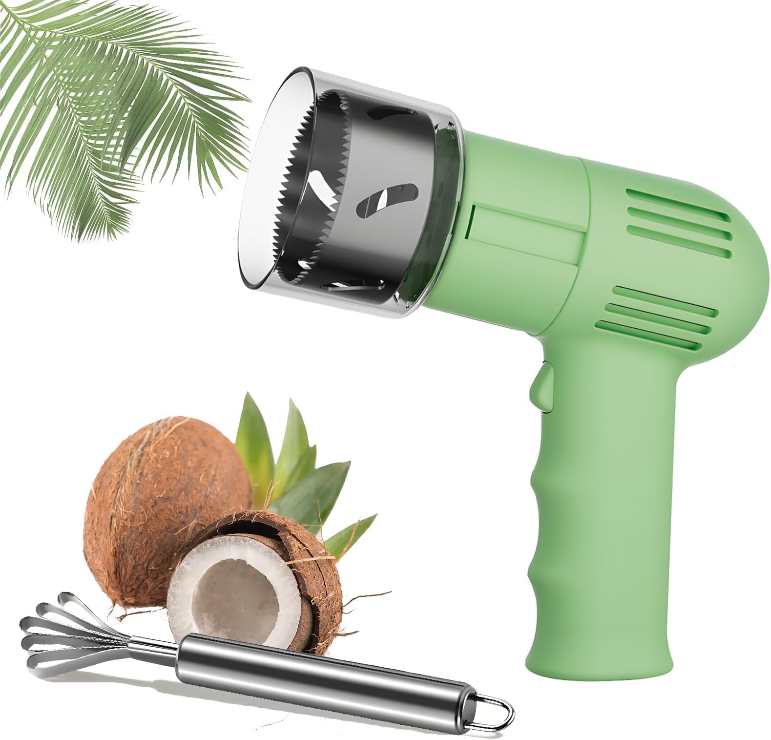 Automatic Coconut Opener, Portable Electric Coconut Opener with Coconut Scraper, Stainless Steel Coconut Punching Tool, Mature Coconuts Open Tool, Coconut Shell Opener, for all Types of Coconut(Green)