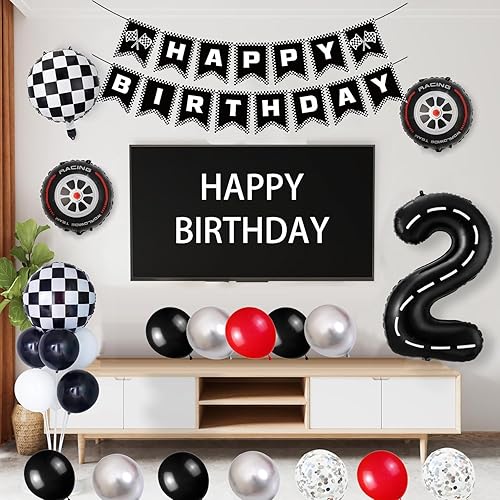 Miniatura 2 de Conjunto de Decoraciones para Fiesta de Cumpleaños de Carreras de Coches, con Globo de Pista de Carreras de 40 Pulgadas Negro Número 2, Bandera