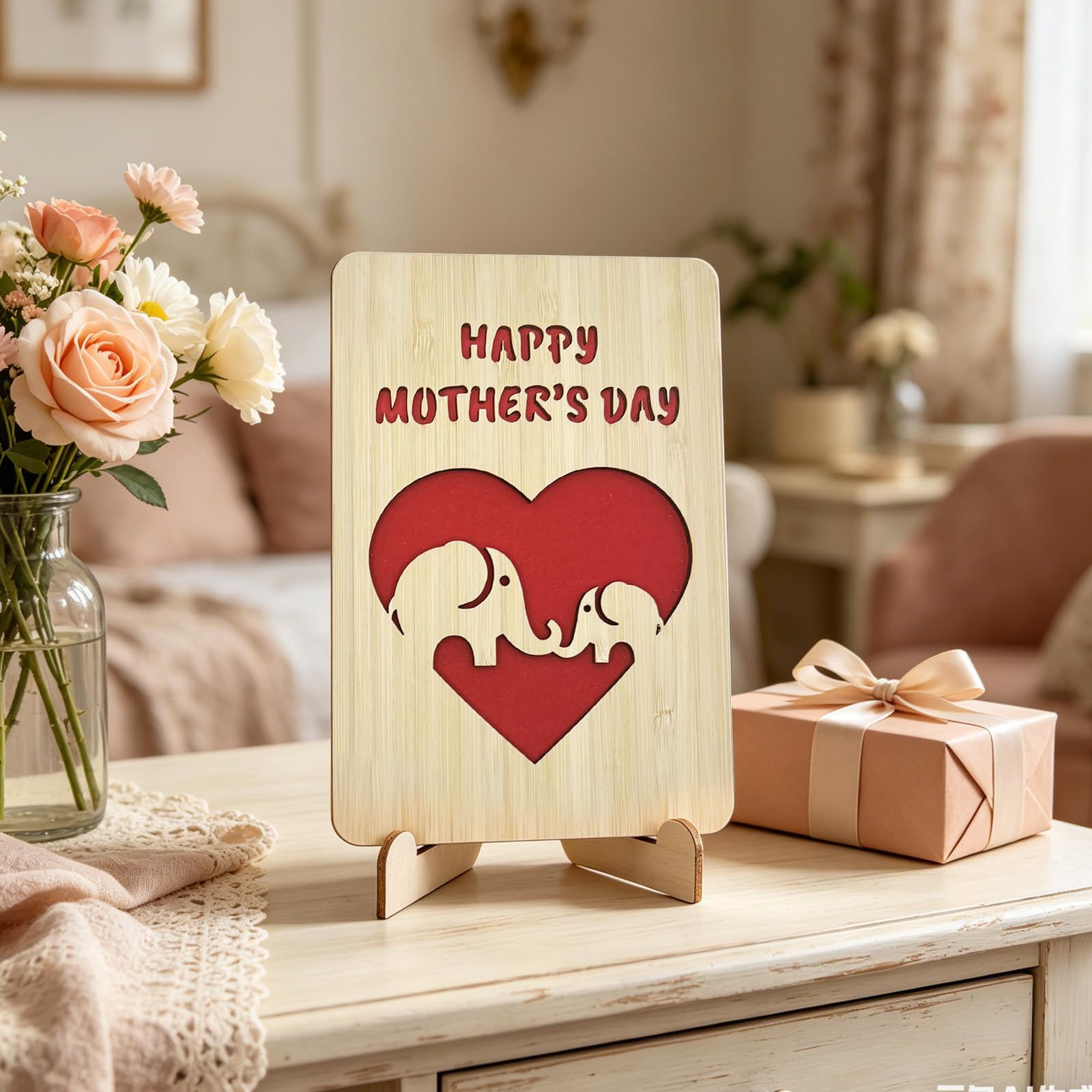 Wooden Mothers Day Card with Envelope, Mom Birthday Gift Card for