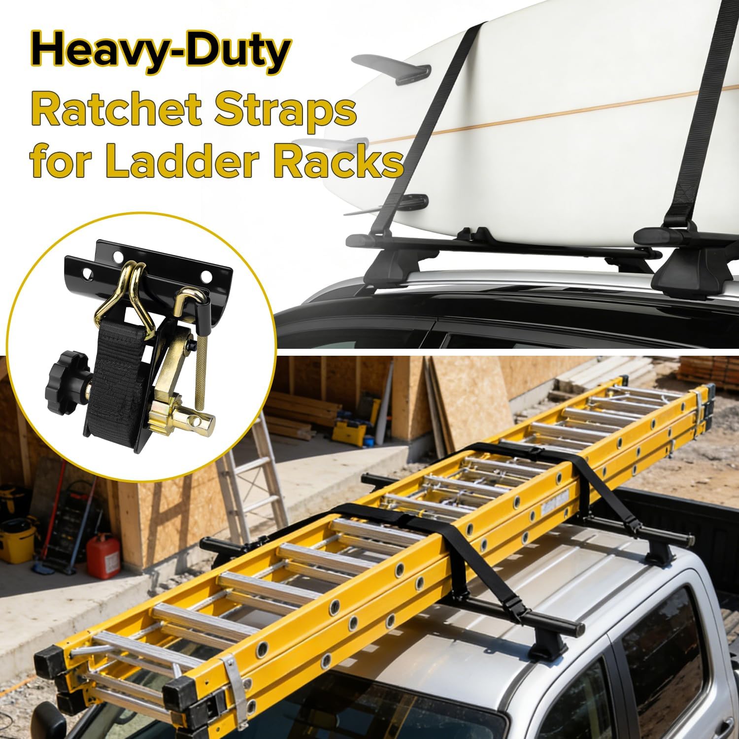 Donext 2PC Heavy Duty Ratchet Tie Down Straps with Double J Hooks, 7.5 FT Retractable, 1.5 in Wide Webbing, Static Weight Limit of 500 Lbs, for Boat Trailer, Cargo Rack, ATV, Luggage, Black