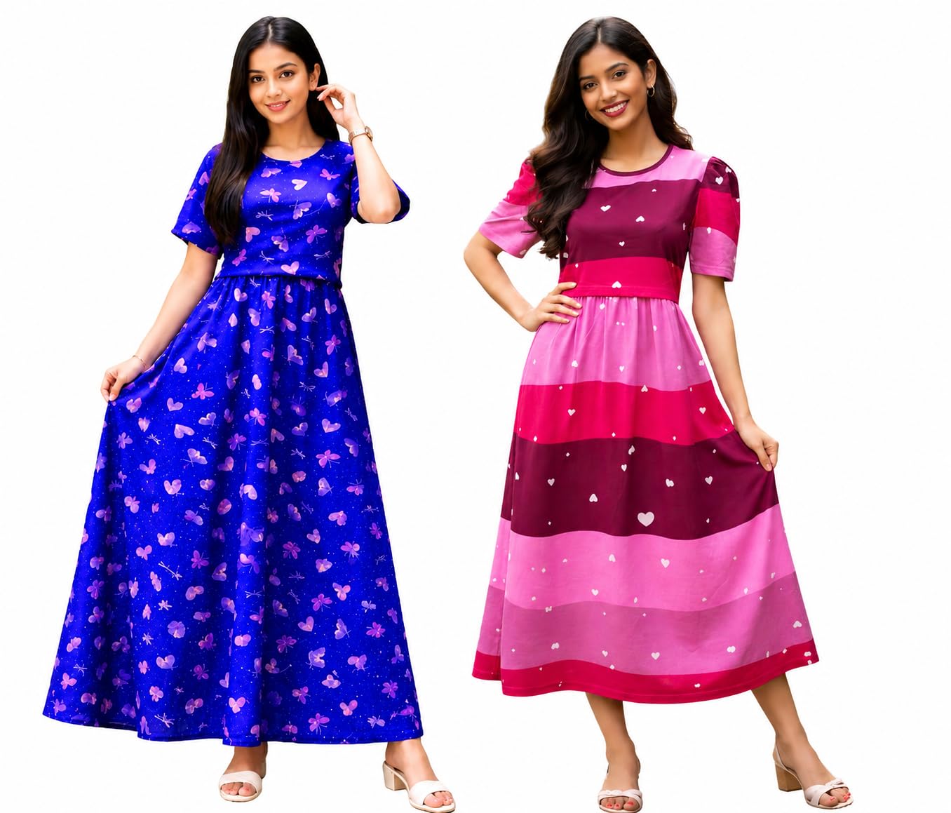 RENIS.Store Women's 100% Cotton Zipless Feeding Maternity Nighty Pack of 2 | Pull Up Nursing Night Dress | Soft Pregnancy & Feeding Wear | Blue(Pink Butterfly) & Pink Stripe (White Heart) L-Size-image-7