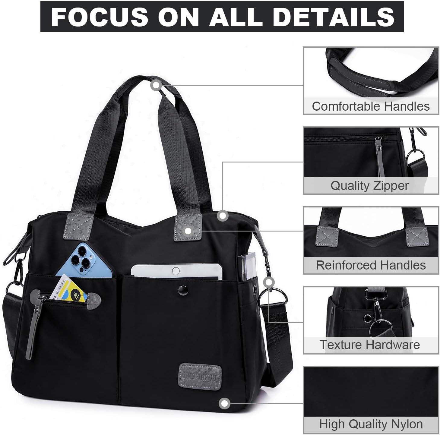 Tote Bag for Women,Multi Pockets Shoulder Handbag,Nurse Bag for Work,Large Cross body Purse,Fashion Nylon Top Handle Satchel - Image 4