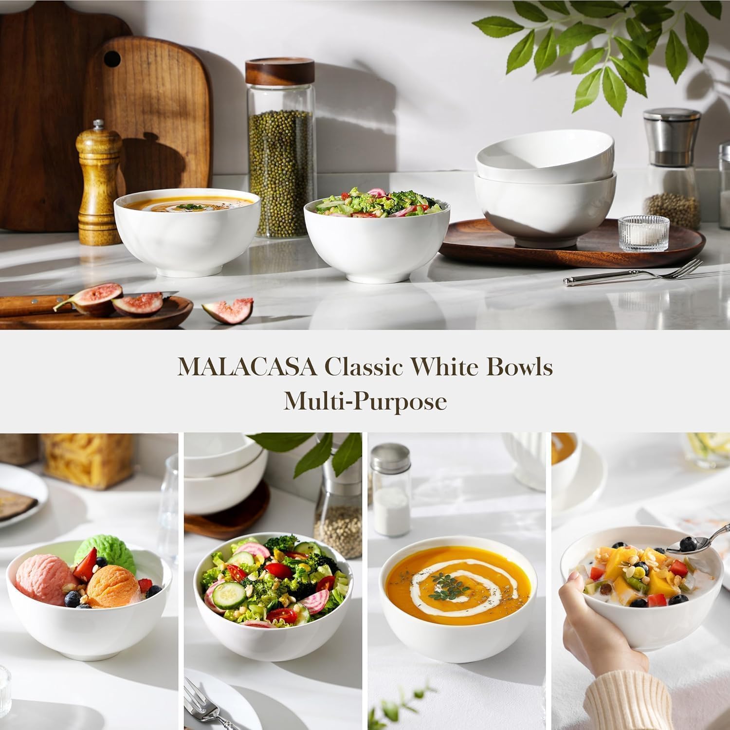 Versatile White Porcelain Bowls: Perfect for Soup, Cereal, and More!