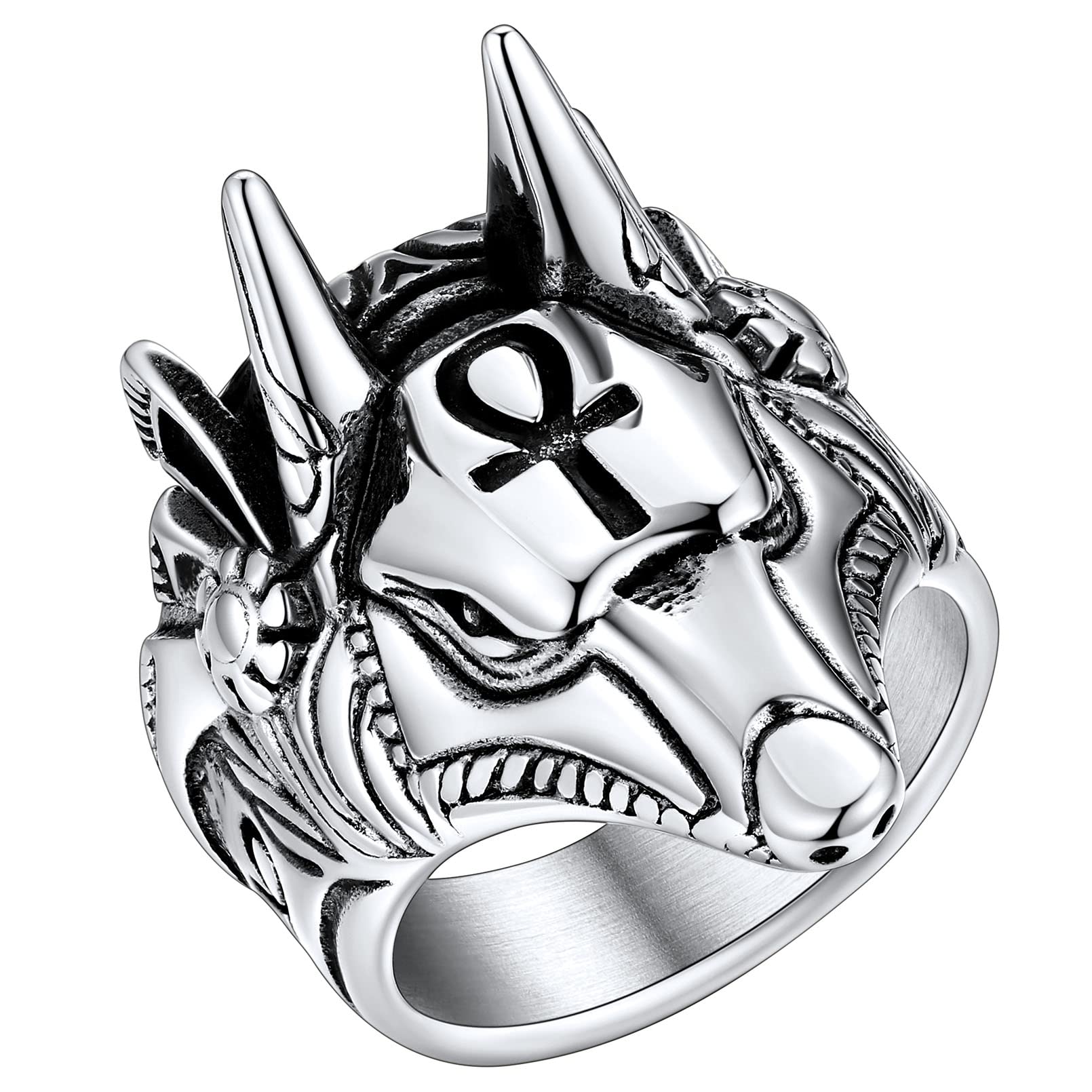 FaithHeart Anubis Rings for Men Women, Sturdy Stainless Steel Jewelry Vintage Ankh Cross Amulet Ring, Delicate Packaging