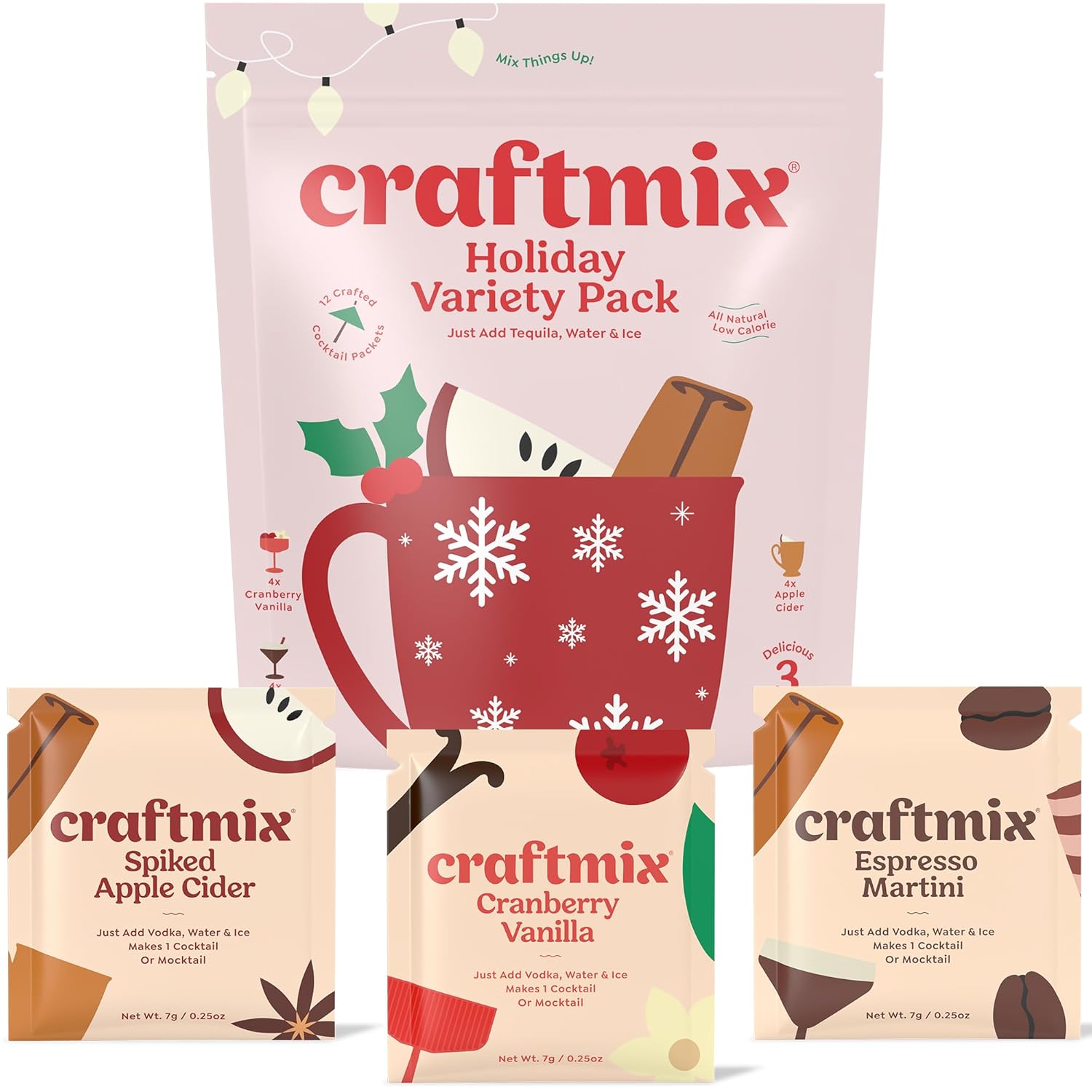 Craftmix Holiday Variety Pack, Makes 12 Drinks, Skinny Cocktail Mixers, Mocktails Non-Alcoholic Drinks – Made With Real Fruit – Vegan Low-Carb, Low-Sugar, Non-GMO, Dairy Free, Gluten Free, Easy to Mix