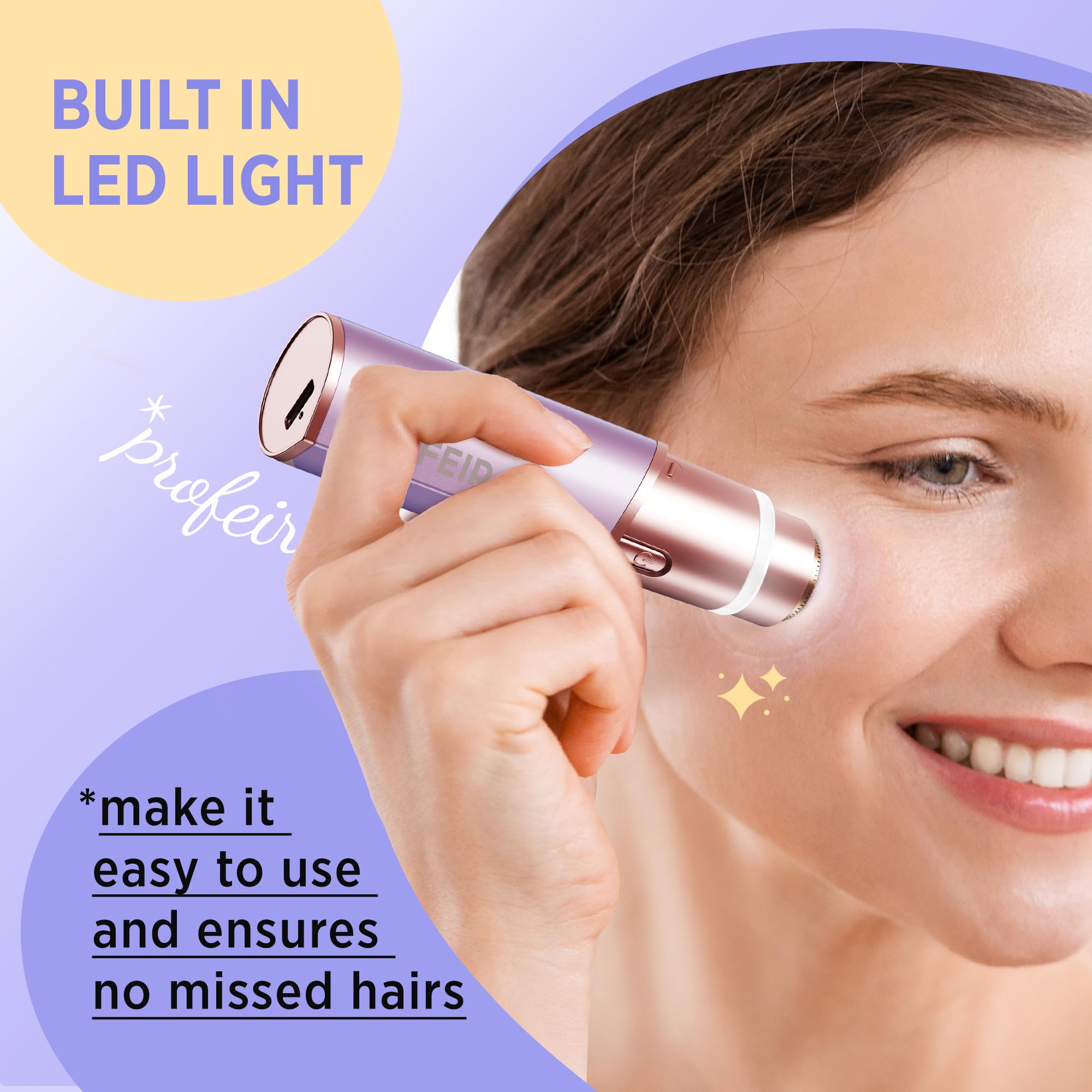 Depilación facial para mujeres: maquinilla de afeitar eléctrica para piel suave sin dolor, afeitadora recargable para labio superior, durazno, pelusas de barbilla, pelo en casa, viajes con 2 4