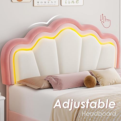 Miniatura 5 de HOSTACK Base de cama LED tapizada tamaño Queen con cajones de almacenamiento, bonita cama para niñas con cabecera de loto ajustable, marco de cama