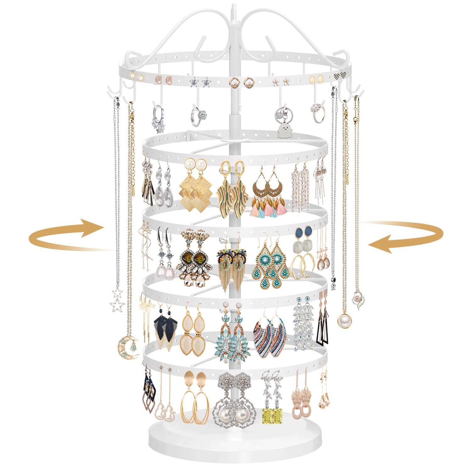 MODOWEY Rotating Jewelry Holder Organizer Stand, 5 Tier White Metal Display