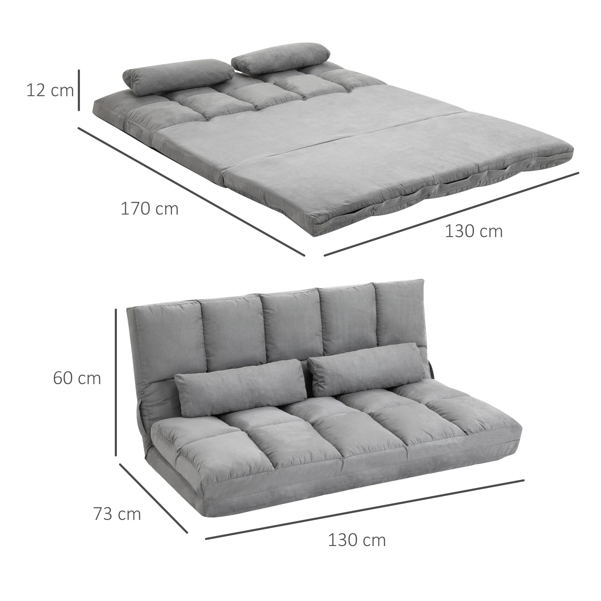HOMCOM Divano Letto Moderno 2 in 1, Schienale Reclinabile su 7 Livelli e Cuscini, Divano per Soggiorno per TV, Giochi, Lettura, Yoga, Ufficio, 130x73x60 cm, Grigio Chiaro