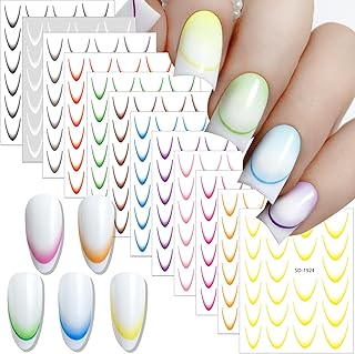 Ombre French Tip Nail Stickers - 12 Sheets, 3D Line, Curved Gradient, Colorful French Nail Decals, Tip Guides, Stencils