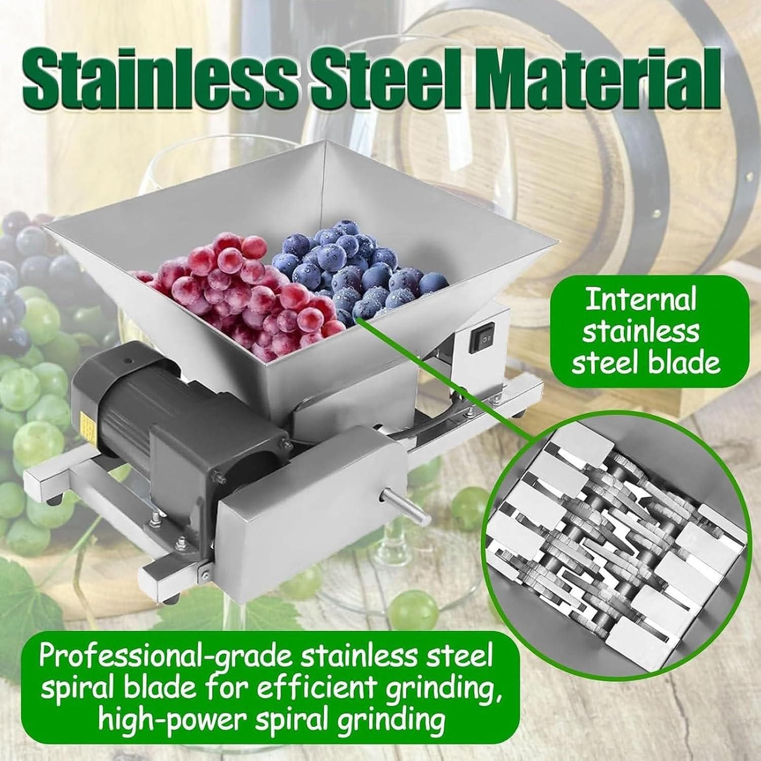 Schiaccia Uva Acciaio Inox con Tramoggia 4L, Grind 20kg/h per Vino, Pane,