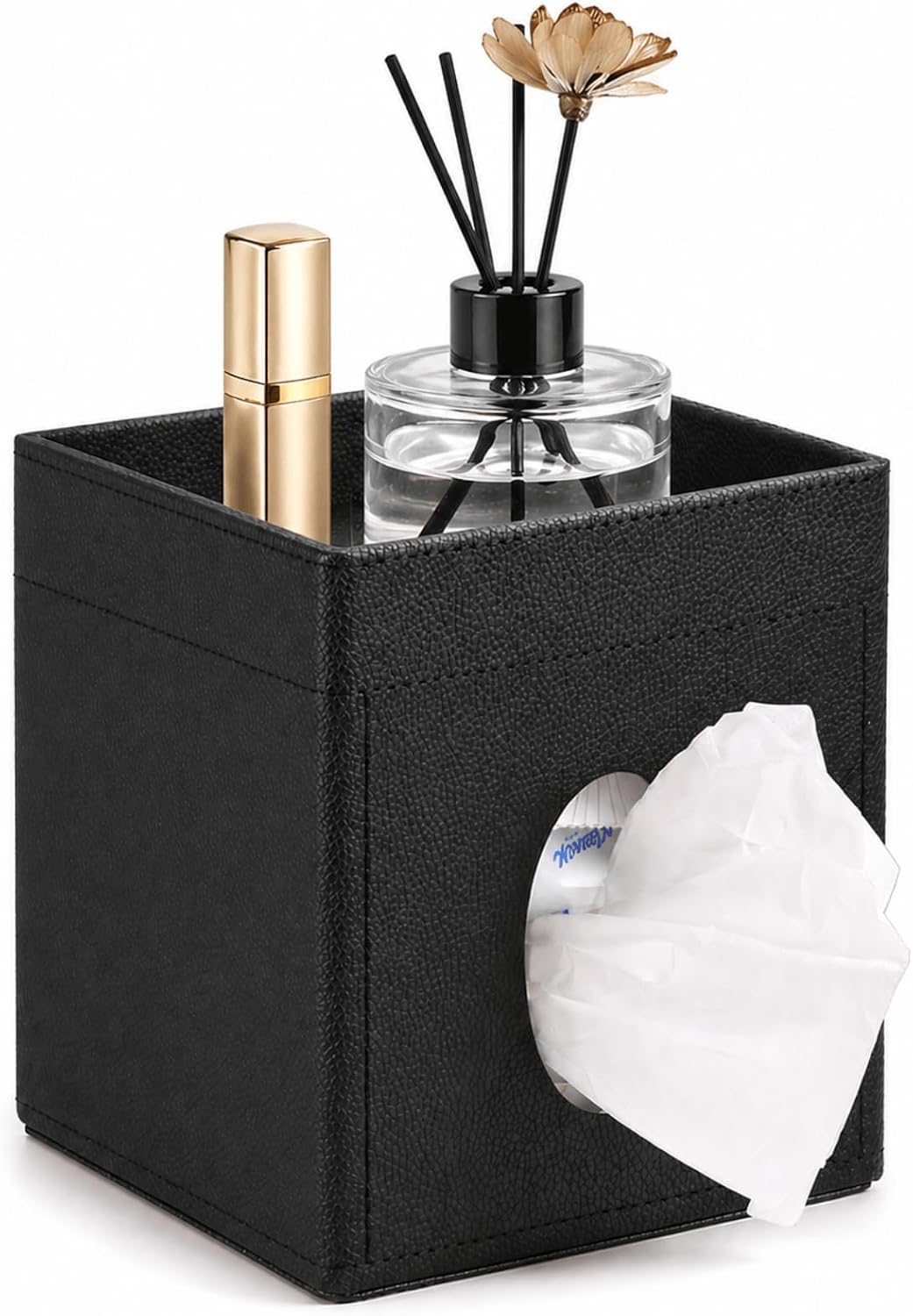 LAMOTI Leather Tissue Box Cover with Storage Tray, Square Facial Tissue Box Holder for Bathroom, Office Table, Countertop, Night Stand & More (Black)