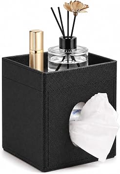 LAMOTI Leather Tissue Box Cover with Storage Tray, Square Facial Tissue Box Holder for Bathroom, Office Table, Countertop, Night Stand & More Black