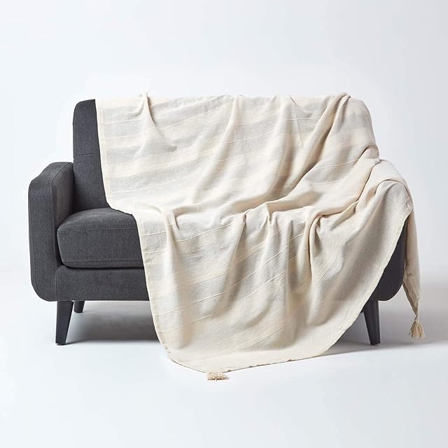 HOMESCAPES - Rajput Ribbed Throw 60 x 80 Inches Plain Natural Handmade 100% Cotton Suitable for most 2 Seater Sofas Single bedspreads Easy care washable at home