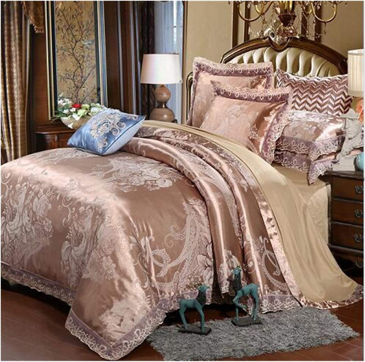 Amazon｜花ジャガード高級寝具セットは、クイーン/キングサイズのベッドセット4本入りコットンシルクレースは布団カバーフィット/ベッドシート