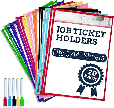 25 PCS Dry Erase Pockets Set, 9x14 Reusable Sleeves Job Ticket Holders | 20 reusable dry erase sleeves in 10 colors with 5 markers. Heavy duty job ticket holders for classroom, office, warehouse use