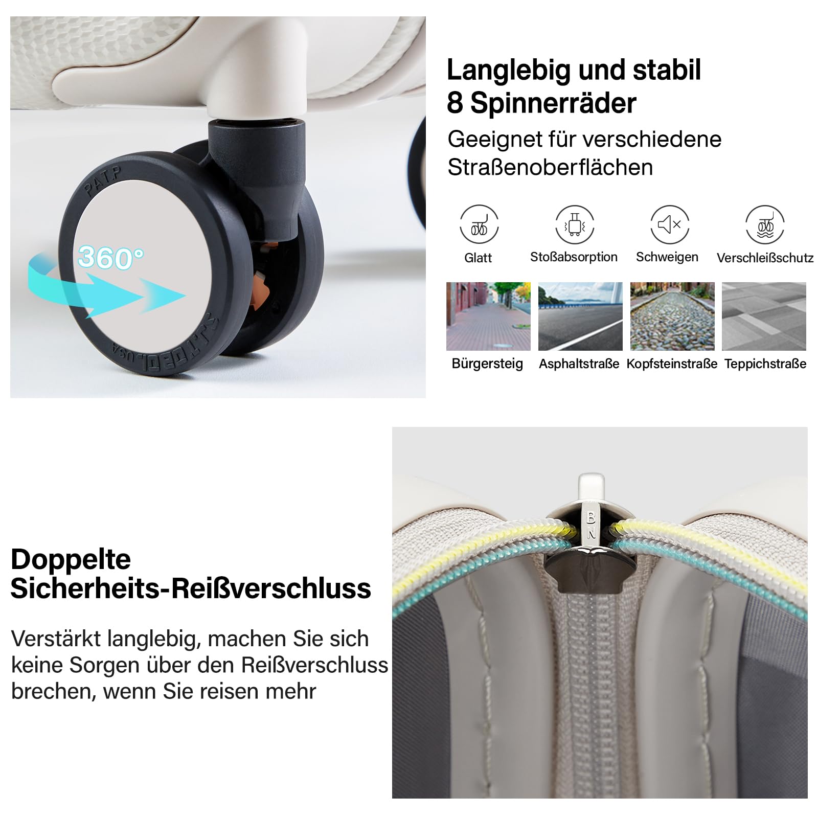 Hanke Handgepäck Koffer PC Hartschalenkoffer mit 360° Spinner Rädern Trolley Reisekoffer mit TSA-Lock 49cm (37L), Elfenbein