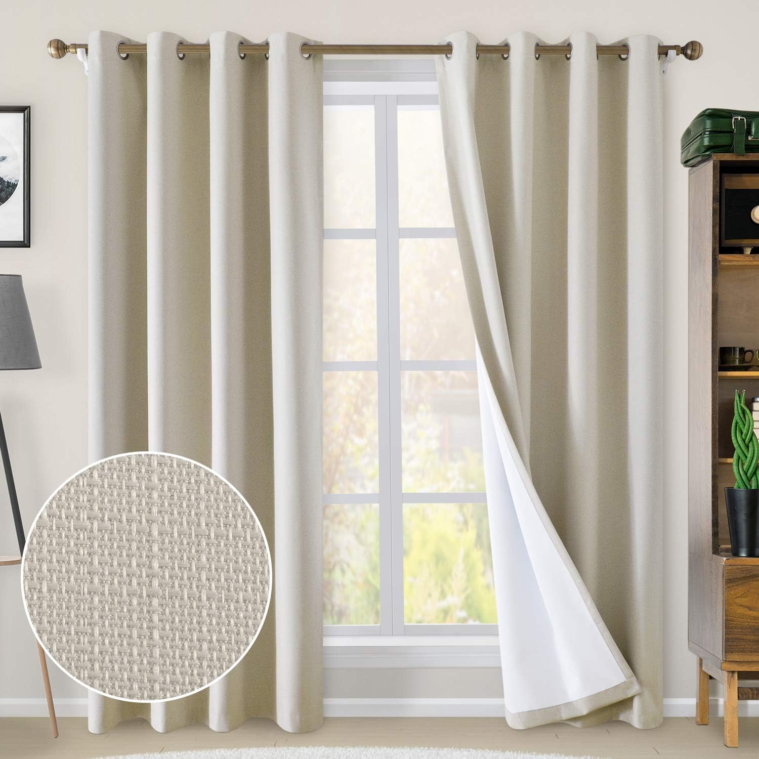 HOMEIDEAS 100% Natural/Beige Blackout Curtains Textured 84 Inch Burlap Faux Linen Look Curtains Primitive Room Darkening Grommet Curtains for Living Bedroom, 2 Panels