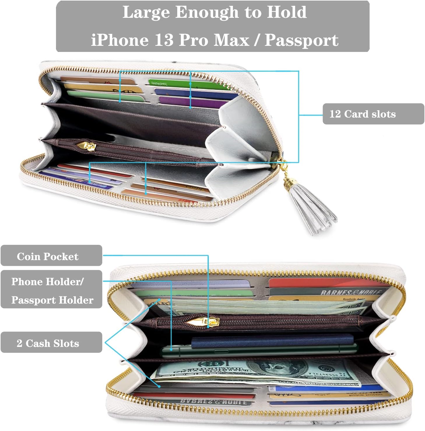 Women Wallets Multi Card Case Wallet Clutch Wallet Card Holder Organizer Ladies Purse Tassel Wrist strap Purse,White Marble - Image 2