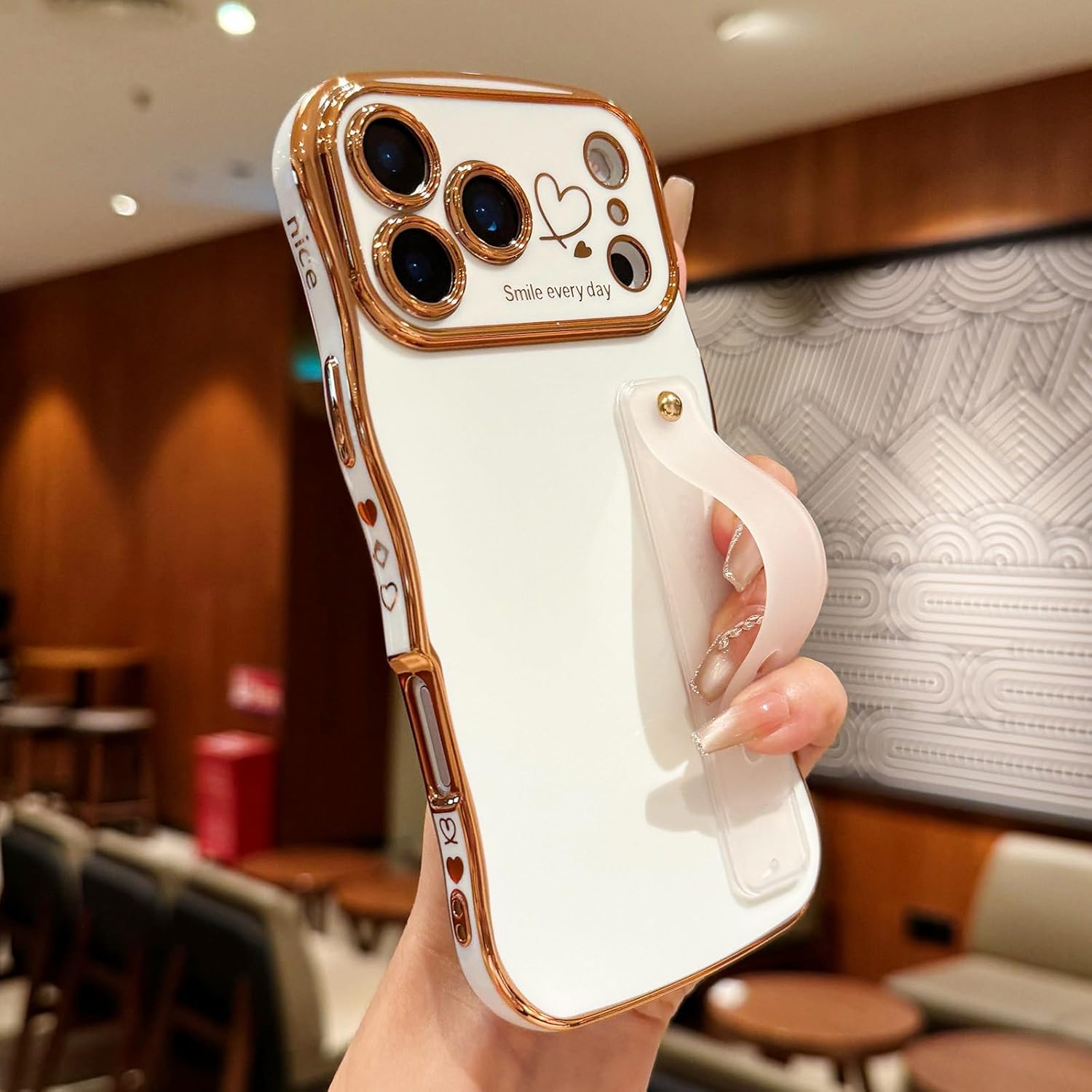 for iPhone 17 Pro Case for Women Girls with Strap Wave Frame Cute Love-Heart Plating Bling Stand Cover, Raised Full Camera Soft Silicone Protective Phone Case for iPhone 17 Pro, White - Image 2