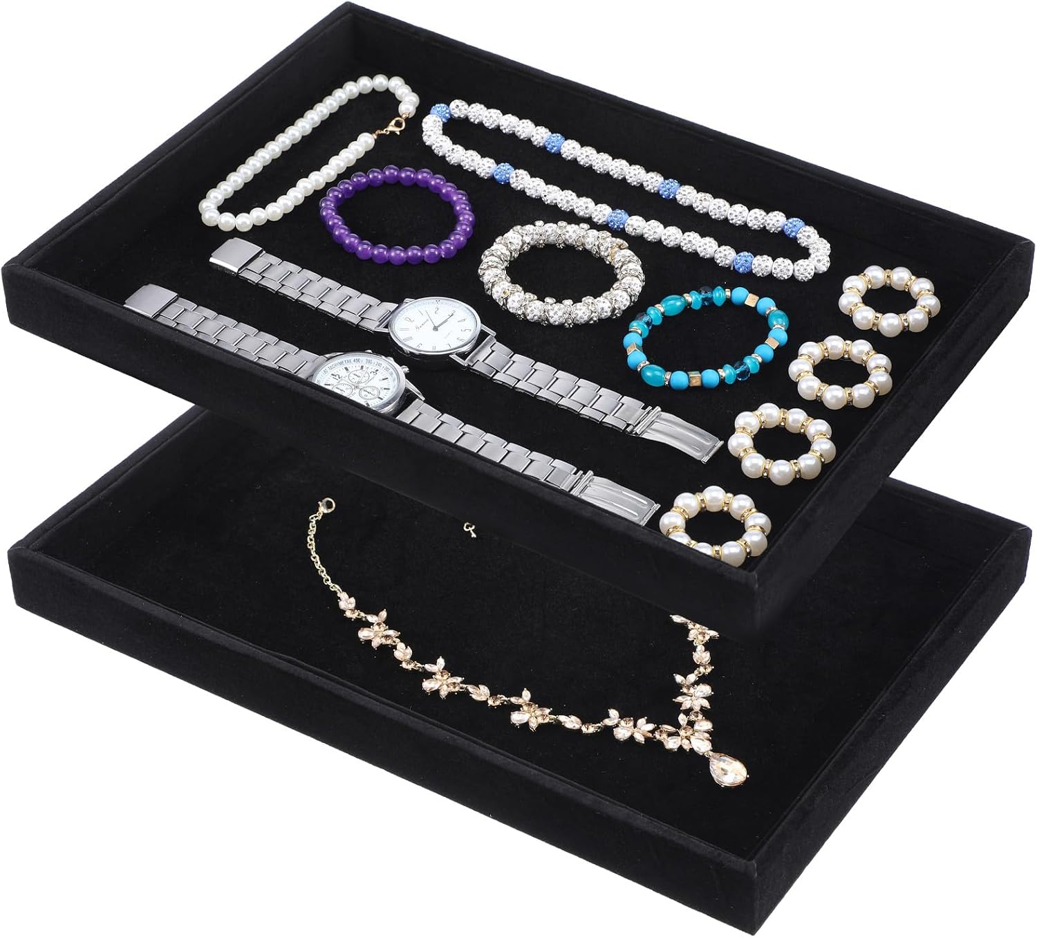 6 Pcs Velvet Stackable Jewelry Tray, Jewelry Organizer and Display for Bracelets Rings Earrings Necklaces, for Drawer and Countertop Showcase, Black