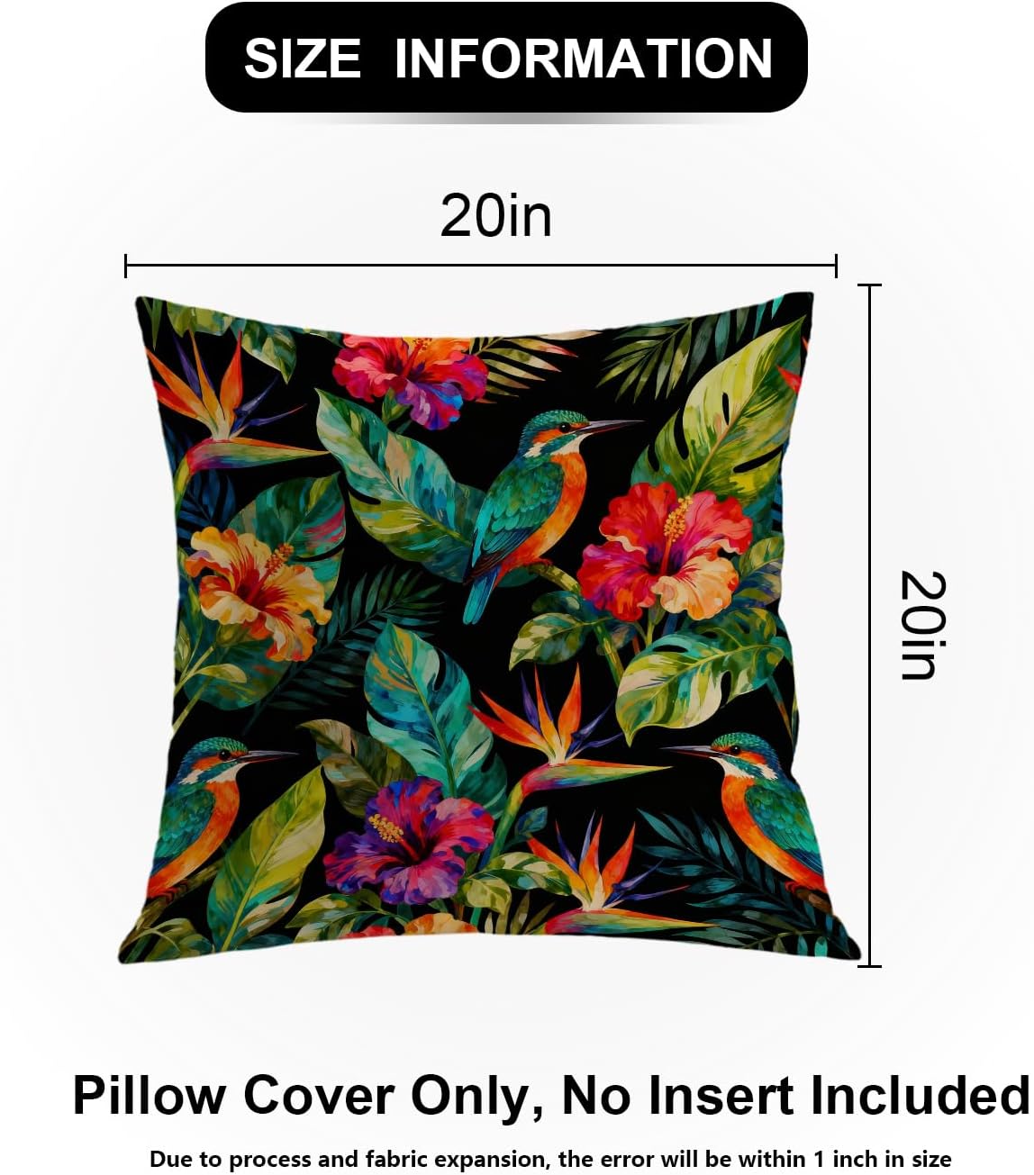 Shrahala Floral Flower Decorative Pillow Covers, Colorful Abstract Birds with Garden Flowers Cushion Case Sofa Bedroom Throw Pillow Covers Square 20 x 20 inches Black Garden Flowers, Set of 2