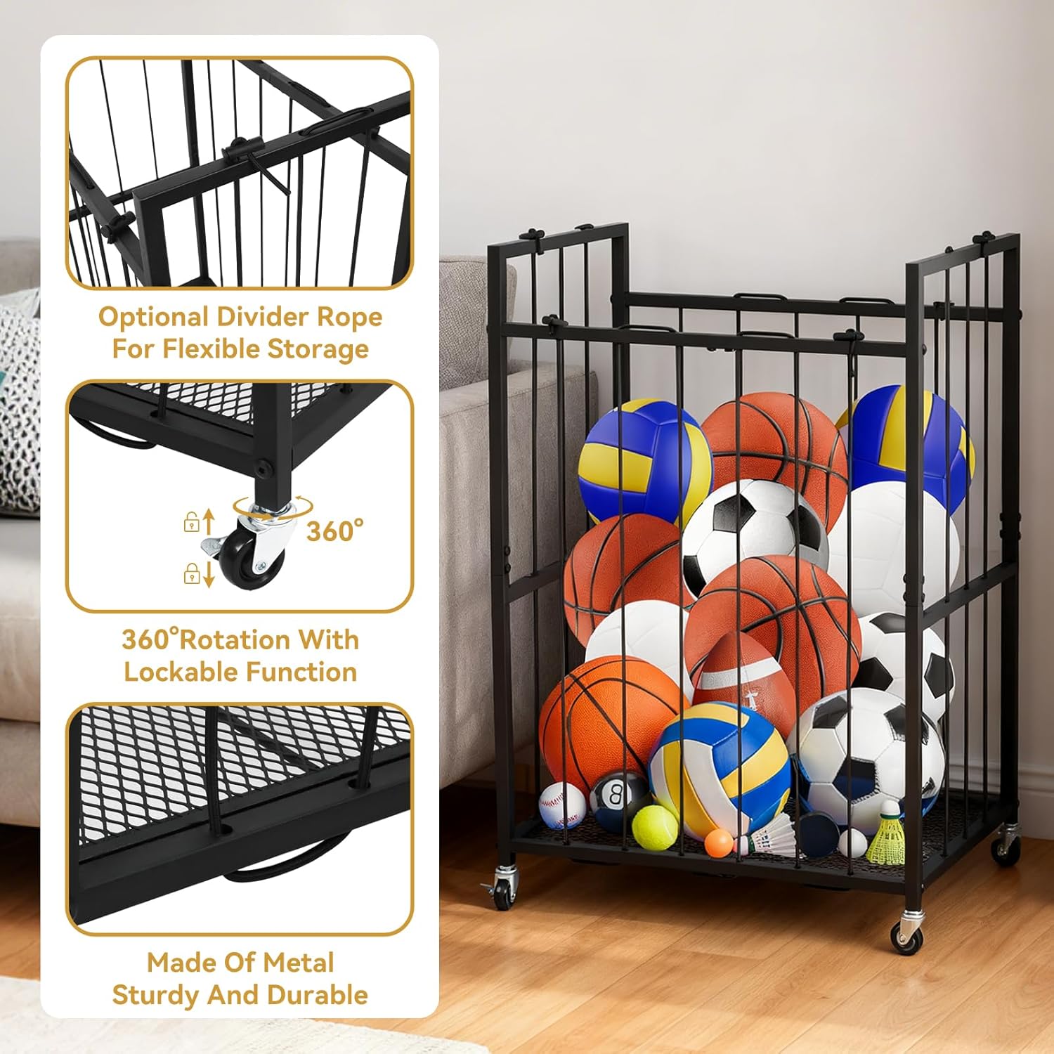 Garage Ball Storage Rack with Wheels & Elastic Rope – Organize Basketball, Soccer, Volleyball & Football – Large Capacity Ball Holder for Home, Garage & Gym – Rolling Sports Equipment Organizer