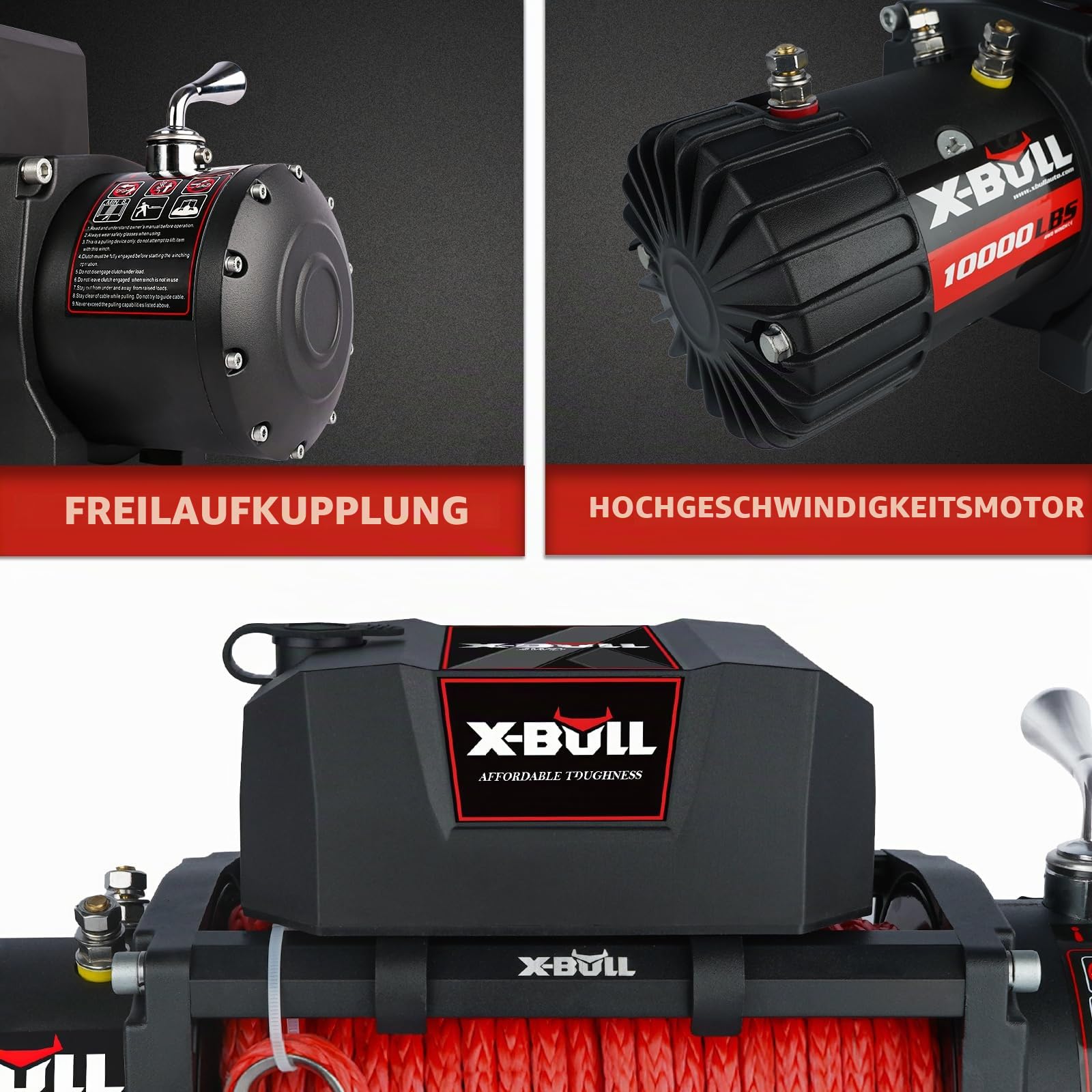 X-BULL Elektrische Winde für Quad - Durchzugskraft 10000lbs (4536kg) - Elektrische Seilwinde - Motorwinde Seilzug - für Pflüge, UTV, ATV, Quad, Offroad - 53 x 16 x 27 cm - 12V, Schwarz