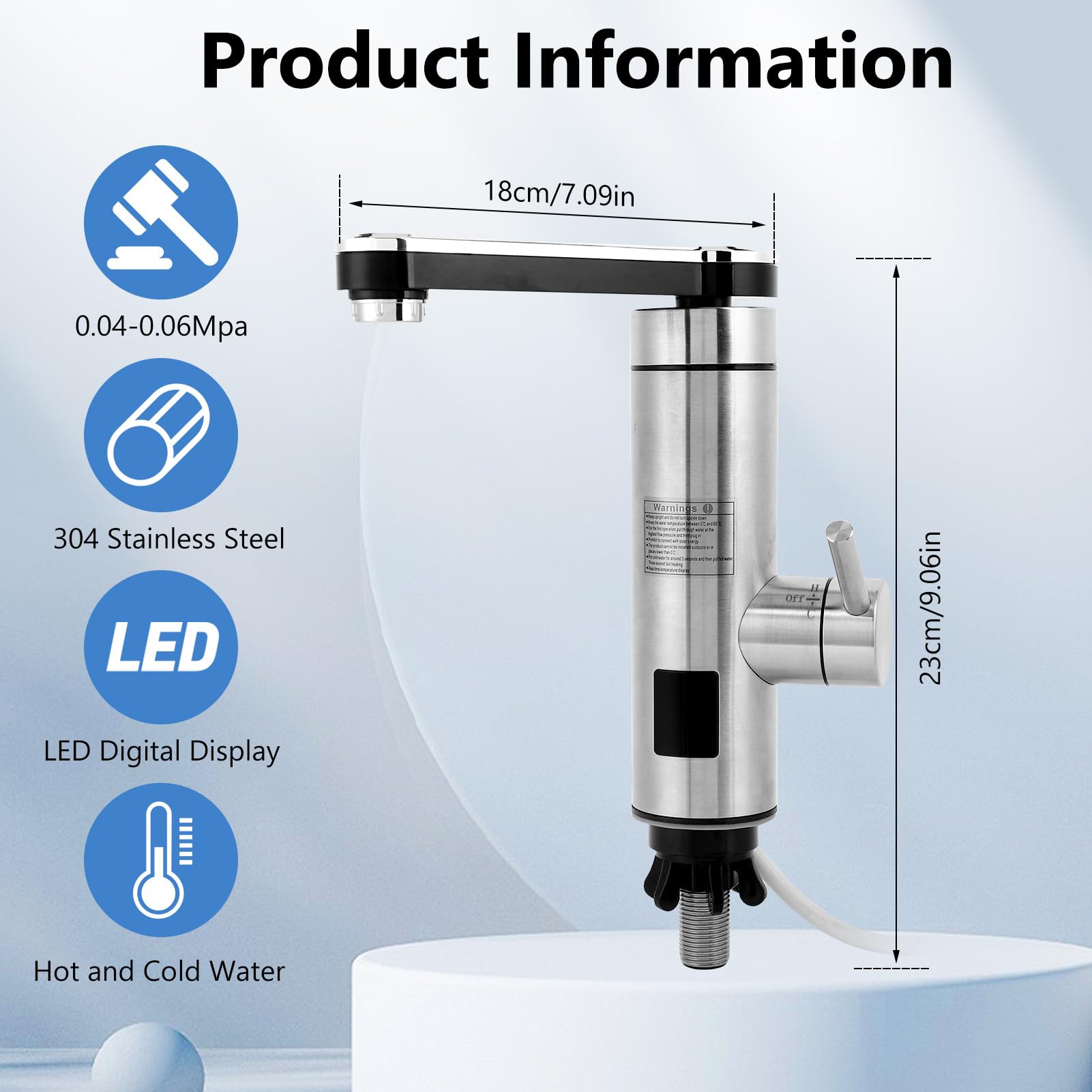 Wakects Electric Water Heater Tap, 3300W Stainless Steel Hot Water Faucet with LED Display for Bathroom Kitchen - Image 2