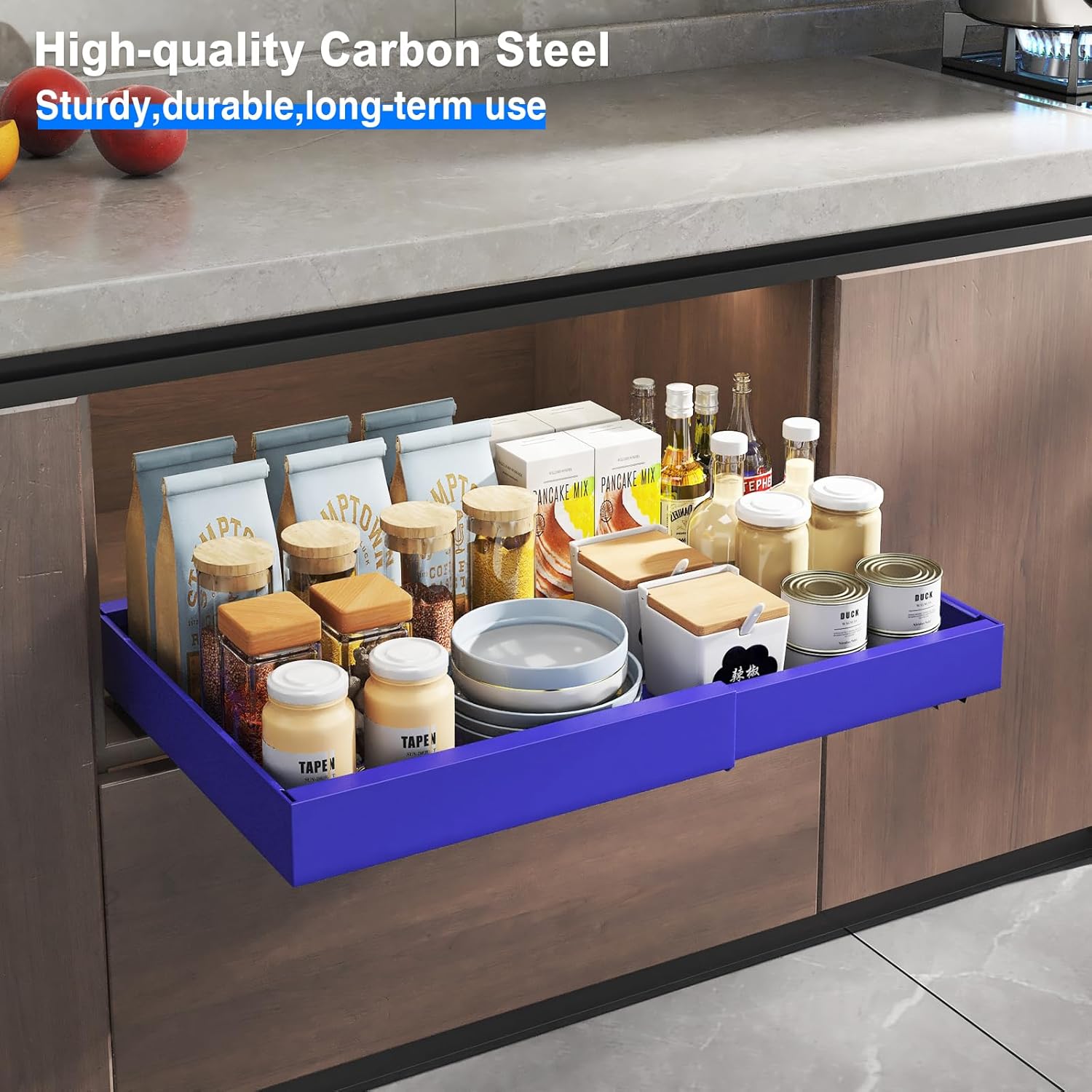 2 Pack Pull Out Cabinet Organizer, Expandable Slide Out Drawers for Kitchen Cabinets Peel and Stick Pullout Drawer Heavy Duty Sliding Shelves for Cupboard, Pantry, Bathroom(16.5" Deep, Blue)